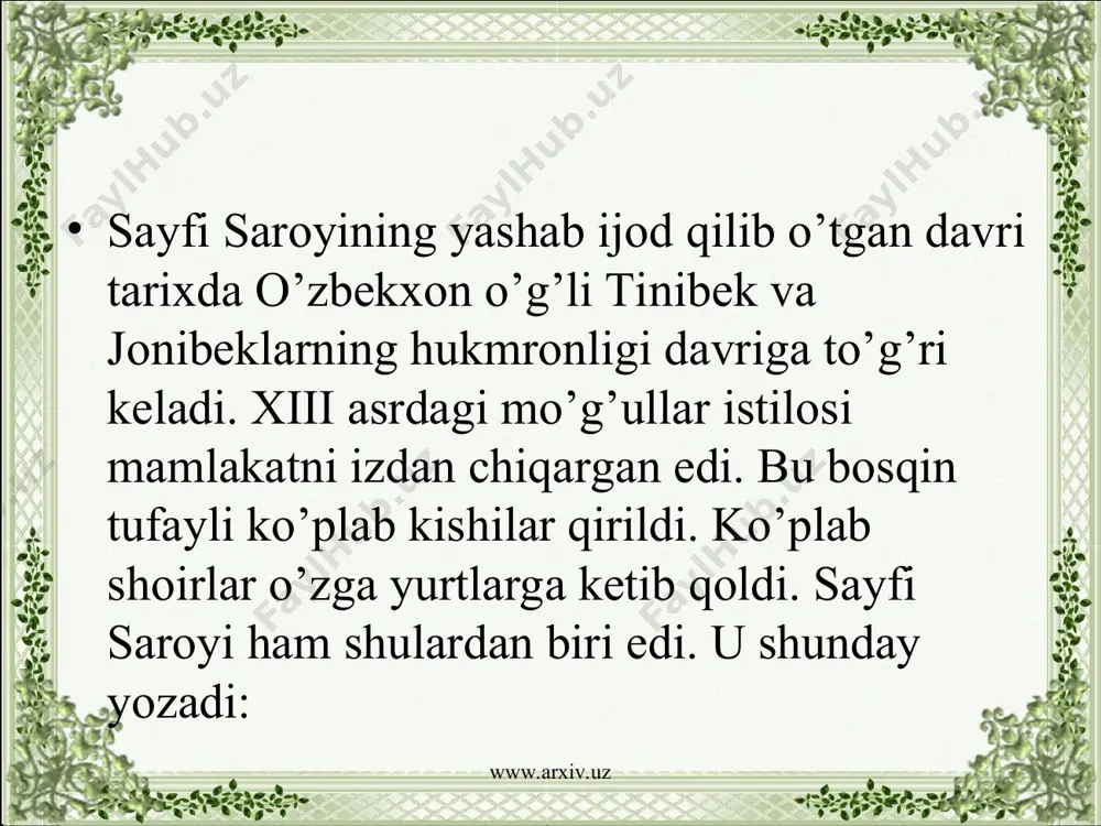 zulari yetakchilik qilgani holda, odamiylik, inson qadr-qimmati, ijtimoiy mavzular ham uchraydi. shoir so’z o’yinlaridan mahorat bilan foydalanadi. «erur» radifli g’azali bu jihatdan xarakterlidir: www.arxiv.uz www.arxiv.uz dilbarimning zulfi sunbul, chehrasi gulzor erur, bo’yina oshiq sanubar, yuzina gul, zor erur. og’zi fistuq, ko’rki tangsuq, o’zi mushfiq yor erur, husnining chovi xitou chin ichinda bor erur. asli alchin, so’zlari chin, ko’zlari totor erur, ming yashar har kim dudog’i sharbatin totor erur... vasfina sayfi saroyining ishi ash’or erur, andin o’zga birla oshiqqa yemak osh, or erur. www.arxiv.uz www.arxiv.uz sayfi saroyi g’azallari o’zining ohangdorligi, sodda va o’ynoqiligi bilan ham ajralib turadi. yangi oydur qoshing, ey ko’rka boyim, qilur ta’zim yuzungni ko’rsa oyim. su ichkanda dudog’ingdan su tomsa, bitar qandu shakar ul yerda doyim... www.arxiv.uz www.arxiv.uz shoir yaxshilikni ilgari suradi. yomonlik qilganga ham yaxshilik qil deydi: yamonlik qilgan erga, ezgulik qil, qopar it og’zini luqma otadur. sayfi saroyining bunday qarashlari «gulistoni bit- turkiy»da keltirilgan baytlarda ham …