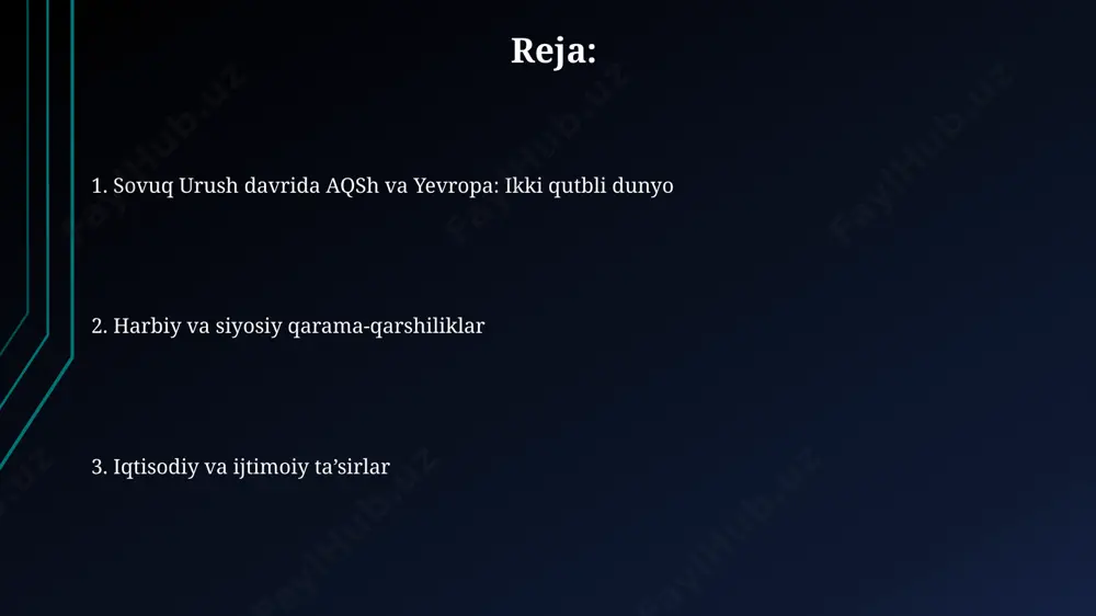 ga yaqin joylashtirdi, bu esa dunyoni yadro urushi xavfi ostiga qoʻydi. iqtisodiy raqobat va gʻarbiy yevropaning tiklanishi 1948 йилда маршалл режаси орқали ақш 13 миллиард доллардан ортиқ маблағ ажратиб, ғарбий европанинг иқтисодий тикланишига ёрдам берди, бу германия ва франция каби давлатларга кучли таъсир кўрсатди. совет блокларининг таъсирига қарши курашишда, ақш европа бозорларига ўз маҳсулотларини экспорт қилиб, социалистик давлатлар билан иқтисодий рақобатда устунлик қилишга ҳаракат қилди. madaniy almashinuv va propaganda "ozodlik" radiosi kabi xalqaro radiostansiyalar kuniga 10 soatdan ortiq dasturlar orqali sharqiy yevropa va sovet ittifoqiga 50 million tinglovchiga g'arb madaniyatini va g'oyalarini yetkazdi, bu madaniy almashinuvning muhim qismidir. 1950-yillarda amerika qo'shma shtatlari va g'arbiy yevropa mamlakatlarida sovet ittifoqining kommunizm tahdidiga qarshi 300 dan ortiq antikommunistik filmlar ishlab chiqarildi, bu propaganda vositalaridan biri sifatida keng tarqaldi. berlin devori va germaniyaning boʻlinishi berlin devori 1961-yilda qurilgan boʻlib, taxminan 155 km uzunlikdagi beton va sim toʻsiq edi, u sharqiy va gʻarbiy berlinni ajratib …