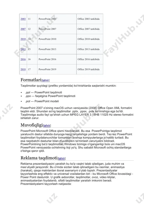 rinishiga ega bo'ldi. taqdimotga audio fayl qo'shish uchun mpeg layer 3 18hb 11025 hz stereo formatini ishlatish zarur. muvofiqligi[tahrir] powerpoint microsoft office qismi hisoblanadi. bu esa powerpointga taqdimot yaratuvchi dastur sifatida dunyoga keng tarqalishiga yordam berdi. tez-tez powerpoint taqdimotlari foydalanuvchilar tomonidan boshqa kompyuterlarga jo'natilib turiladi. bu esa raqobatchi dasturlar bilan muvofiqlikni ta'minlash zaruriyatini bildiradi. powerpointning ba'zi taqdimotlari windows tizimiga o'rganganligi bois uni macos powerpoint versiyasida ochishning iloji yo'q. shu sababli microsoft ochiq standartlarga o'tishga qaror qildi. reklama taqdimoti[tahrir] reklama prezentastiyasini yaratish bu ko'p vaqtni talab qiladigan, juda muhim va masʻuliyatli jarayondir. bu o'rinda sizdan talab qilinadigani bu rasmlar, animastiya (harakat), qisqa matnlardan iborat ssenariyni oʻylab topish. prezentastiyalar tayyorlashda eng effektiv va universal vositalardan biri - bu microsoft office ilovasidagi - power point dasturidir. u grafik axborotlar, taqdimotlar, ovoz, video kliplar, animastiyalardan foydalanib, sifatli taqdimotlar yaratish imkonini beradi. prezentastiyalarni tayyorlash natijasida: · qatnashuvchilarga tarkatish uchun chop qilingan hujjat; · kadoskopda foydalanish …