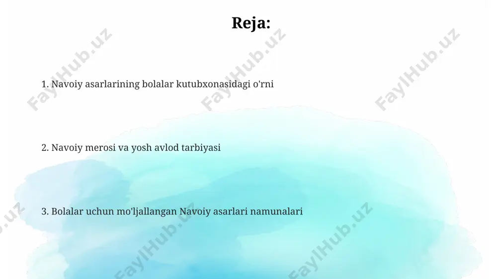 t kabi mavzularda 7-12 yoshli bolalar uchun axloqiy qadriyatlarni singdirishga yordam beradi. bolalar kutubxonasida navoiy merosi "layli va majnun" she'riyatidan olingan qisqa hikoyalar, 7-10 yoshdagi bolalar uchun illustratsiyalar bilan boyitilgan holda, toshkent shahridagi 20 dan ortiq kutubxonada topiladi. navoiyning "xamsa"si asarlaridan parcha va hikoyalar bolalar uchun moslashtirilgan 5 dan ortiq nashrda samarqand va buxoro viloyatlaridagi 10 ga yaqin bolalar kutubxonasida mavjud. navoiy merosi haqida ma'lumot beradigan 30 dan ziyod kitob va qo'llanmalar andijon viloyatidagi maktab va bolalar kutubxonalarida o'quvchilarga taqdim etiladi. bolalar uchun mo'ljallangan navoiy asarlari namunalari navoiyning she'rlaridan tanlangan 30 dan ortiq qisqa va sodda she'rlar, "bolalar uchun navoiy" nomli to'plamida birlashtirilgan bo'lib, buxoroda 1000 dan ortiq nusxada chop etilgan. "farhod va shirin" dostonining qisqartirilgan, bolalarga tushunarli tarzda yozilgan versiyalari samarqanddagi bolalar kutubxonalarida 20 dan ortiq nusxada saqlanadi va ularning badiiy rasmlari bilan boyitilgan. navoiyning "xamsa"sidagi ba'zi hikoyalar, masalan, "layli va majnun"ning soddalashtirilgan variantlari, 5 yoshdan 10 yoshgacha bo'lgan …