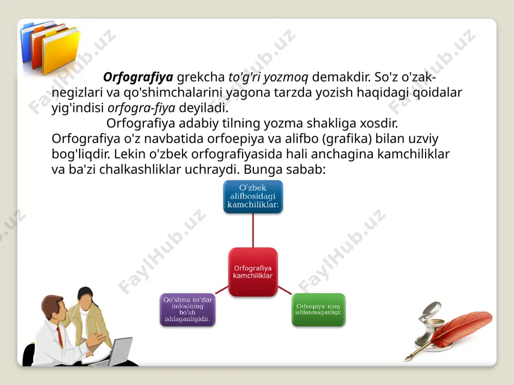 ma-yon kelgan unlilar odatda aynan aytiladi va yoziladi: manfaat, kauchuk, aorta, saodat, burjua, shuaro, inshoot, sanoat, vakuum, muammo, matbuot, tabiiy, rioya va boshqalar. undoshlar imlosi 1. bb harfi: 1) bobo, bahor, bir, majbur, zarb kabi so‘zlarda jarangli portlovchi lab undoshini ifodalash uchun yoziladi; 2) kitob, yuzlab, kelib kabi so‘zlar oxirida p aytilsa ham, b yoziladi; 3) qibla, tobla kabi so‘zlarda ba’zan v aytilsa ham, b yoziladi. 2. pp harfi paxta, pichoq, opa, tepa, tup, yop kabi so‘zlarda jarangsiz portlovchi lab undoshini ifodalash uchun yoziladi. 3. vv harfi: 1) ov, suv, kuyov; ovoz, savol; volida, vatan kabi so‘zlarda ovozdor sirg‘aluvchi lab undoshini ifodalash uchun yoziladi; 2) avtobus, avtomat kabi o‘zlashma so‘zlarda v ba’zan f aytilsa ham, v yoziladi. 4. ff harfi: 1) fan, fe’l, futbol, fizika; asfalt, juft; insof, isrof kabi so‘zlarda jarangsiz sirg‘aluvchi lab undoshini ifodalash uchun yoziladi; 2) fasl, fayz, fotima, fursat kabi so‘zlarda f tovushi ba’zan p aytilsa …