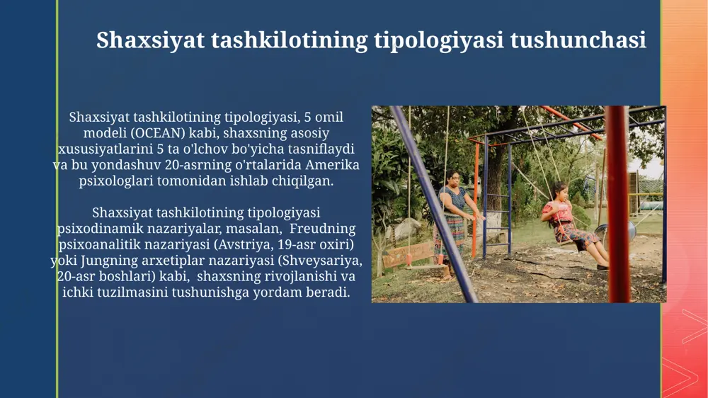 i olish choralari”ning samaradorligini 30% ga oshirish mumkinligini koʻrsatdi. davolash usullari farmakoterapiya, ya'ni dori-darmonlar yordamida davolashda, 20 dan ortiq turdagi psixotrop dorilar, andijon viloyati shifoxonalarida qo'llaniladi. psixoterapiya usullari, xususan, kognitiv-xulq terapiyasi (kkt) va 12 qadamli dasturlar, samarqanddagi reabilitatsiya markazlarida muvaffaqiyatli qo'llanilmoqda. shaxsiyat buzilishi turlari shaxsiyat buzilishi turlarining 10 dan ortiq diagnostik mezonlari mavjud bo'lib, ular dsm-5 va icd-11 kabi xalqaro tasniflash tizimlarida batafsil bayon etilgan. masalan, 3 ta asosiy toifaga bo'linadi: a, b va c. shaxsiyat buzilishi bo'lgan 20 yoshdan oshgan bemorlarning 70% dan ko'prog'i qo'shimcha ruhiy kasalliklarga, masalan, depressiya va xavotirga moyildir, bu davolashni murakkabroq qiladi. shaxsiyatning moslashuvchanligi o'zbekistonning qishloq hududlarida yashovchi aholi orasida, shaxsiyatning moslashuvchanligi shahar aholisiga nisbatan 15% past bo'lib, bu ijtimoiy-iqtisodiy omillar bilan izohlanadi. psixologik tekshiruvlarda aniqlanganidek, 30 dan ortiq insonning shaxsiyat moslashuvchanligi darajasini 5 ball shkalasi bo'yicha baholash natijalarida, o'rtacha ko'rsatkich 3,2 ballni tashkil etdi. e'tiboringiz uchun rahmat @taqdimot_robot image4.jpg image5.jpg image6.jpg image7.jpg image8.jpg image9.jpg …