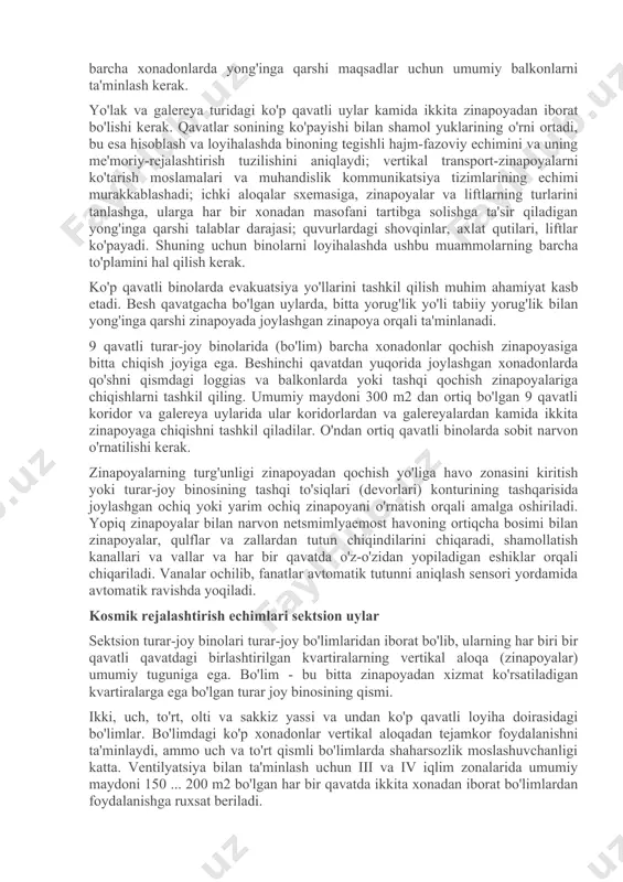a, chunki shahar hududlarining kengayishi transport muammolarini kuchaytiradi, yuqori muhandislik tarmoqlariga olib keladi, turar joy va ish joylari va dam olish joylari orasidagi masofani oshiradi, bu esa o'z navbatida odamning bo'sh vaqtini kamaytiradi. kichik va o'rta shaharlar va shaharchalarni qurish va loyihalashtirish amaliyotida 4 va 5 qavatli turar-joy binolari keng tarqalgan, 9 va 12 qavatli uylar katta va yirik shaharlarga, shuningdek baland qavatli (17 ... 25 qavatli) va baland qavatli binolarga xosdir. (25 qavatdan yuqori). "yuqori qavatli bino" atamasi yong'inni avtomatika mexanik narvonlaridan söndürmek uchun mumkin bo'lgan balandlikdan oshib ketadigan kontseptsiyani aniqlaydi, ular ommaviy versiyada 28 m balandlikka, maxsus dizaynda esa 50 m ga etishi mumkin. qurilish echimlari va tashuvchini loyihalash sxemasini oqilona tanlash. ko'p qavatli turar-joy binolari sektsion, koridor va galereyalarni loyihalashtirilgan va qurilgan. ko'p qavatli 9 va 17 qavatli uylarning umumiy dizayn sxemasi ko'p qavatli katta panelli binolardir. ko'p qavatli binolarda ramka-tranking sxemasi qo'llaniladi. magistralning valida zinapoyalarni ko'tarish …