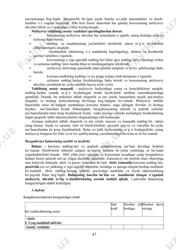 talabiga qarab moliyaviy hisobotlarni tahlil etadi. mulk egasi sarmoyadan qanchalik samarali foydalanilayotganligi, qo`shma olinadigan daromad summrasi bilan qiziqsa, qarz beruvchi berilgan mablag`ni qaytarib olish imkoniyatini oldindan bilishga xarakat qiladi. bilvosita qiziquvchi iste’molchilarga auditorlik firmalari, birjalar, assotsiatsiya vakillari, matbuot xodimlari, kasaba uyushmalari va boshqalar kiradi. ular moliyaviy holatga aloqador bo`lmasada, birinchi guruh talabgorlarining manfatini himoyalash maqsadida hisobot ma’lumotlarini o`rganadilar. moliyaviy ma’lumotlardan foydalangan holda korxonalar faoliyatiga to`g`ri baho berish muhim vazifadir. ushbu kitobda buxgalteriya hisoboti asosida korxonalar faoliyatining moliyaviy tahlilini o`tkazish uslubi bayon etilgan. u moliyaviy hisobotni o`rganishga qiziquvchi tadbirkorlar, soliq, moliya, bank tizimi xodimlari va keng kitobxonlar ommasi uchun mo`ljallangan. bоzоr iqtisоdi sharоitida jamоa, qo`shma, kichik hissadоrlik, хususiy va bоshqa shakldagi mulkka ega bo`lgan kоrхоnalar mоliyaviy ahvоlini o`rganishning mazmuni shundan ibоratki, bunda o`z vaqtida pul tushumlarining kеlishi, hisоblashish intizоmiga riоya qilish, хususiy va qarz mablag`larining to`g`ri nisbatda bo`lishini ta’minlash, mоliyaviy tartib va intizоmga, barcha ishlab chiqarish bug`inlarida iqtisоd va tеjamkоrlikka riоya …
