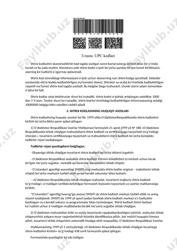 a pullarni qisqartiradi va tejaydi. 2. shtrix kodning tuzilishi rasmda ean – 13 iste’molchi tovarning shtrix kod simvolikasi keltirilgan (1-rasm). ma’lumotni kodlashtirish uchun simvollar, shtrixlar va oraliqlarning ma’lum bir joylashish kengligi ishlatilgan. rasmli sonning har bir qismi yoki ma’lumotning har bir turi kodlashtirilishi shtrix kod shaklida yozilishi mumkin (masalan, buyurtma soni yoki tovar partiyasining soni) shtrix kodlashni skanerlashtirish kod tagida yozilgan sonni komp'yuterga kiritish bilan bir o‘rinda turadi va bu juda muhim. klaviatura yoki shtrix kodni o‘qish bo‘yicha qanday bir ma’lumot kiritilmasin, ularning ko‘rsatkichi o‘zgarmay qolaveradi. shtrix kod simvolidagi informasiyani o‘qish uchun skanerning nuri shtrix kodga qaratiladi. dekoder yordamida shtrix kodda kodlashtirilgan ma’lumotni olamiz. shtrixlar va oraliq ko‘rinishida kodlashtirilgan raqamli ma’lumot shtrix kod tagida yoziladi. bu belgilar bizga tushunarli, chunki ularni odam tomonidan o‘qilsa bo‘ladi. shtrix kodlar aniq tekshiruvlar shuni ko‘rsatadiki, shtrix kodni o‘qishda aniqlangan xatoliklar 1000 dan 1 % kam. testlar shuni ko‘rsatadiki, shtrix kod ko‘rinishidagi kodlashtirilgan informasiyaning aniqligi …