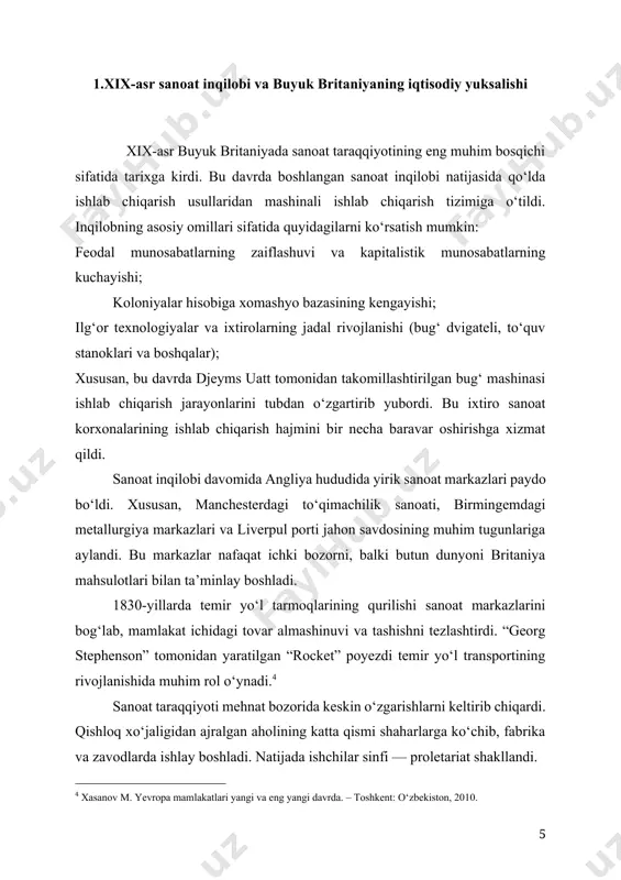 lib qolaverdi. ikkinchidan, xalqaro maydonda bo‘lingan dunyoni qayta bo‘lish uchun kurash kuchaygan bir sharoitda buyuk britaniya harbiy xarajatlarni ko‘paytirishga majbur bo‘ldi. 1900-1914-yillar oralig‘ida bu xarajat 3 marta ko‘paydi. shunday bo‘lsa-da, buyuk britaniya iqtisodiy jihatdan hamon qudratli edi. london jahon moliya markazi hisoblangan. jahon savdosida hisob-kitob hamon buyuk britaniya pul birligi (funt sterling) asosida amalga oshirilardi. ingliz kapitalizmi sanoat sohasidagi oldingi birinchiligidan mahrum bo‘lgan bo‘lsa ham, juda katta foyda olish imkoniyatini saqlab qoldi. bunga ko‘pdan ko‘p mustamlakalaridagi juda katta bozorlarni o‘z qo‘lida saqlab qolish orqali erishdi. bundan tashqari, buyuk britaniyaning sanoat ustunligi asta-sekin qo‘ldan ketgani bilan jahon vositachilik savdosidan, sug‘urta, bank, kemasozlik sohasidagi monopol hukmronligidan mahrum bo‘lganicha yo‘q edi. buyuk britaniya burjuaziyasi bu monopol hukmronlikni, avvalo, o‘zining mustamlaka imperiyasi tufayli uzoq vaqt saqlab qoldi . buyuk britaniya hamon kapital eksport qilishni davom ettirdi. bu kapital buyuk britaniyaga juda katta foyda keltirardi. xix asrda buyuk britaniyada yangi texnologiyalar va ishlab chiqarish usullarining …