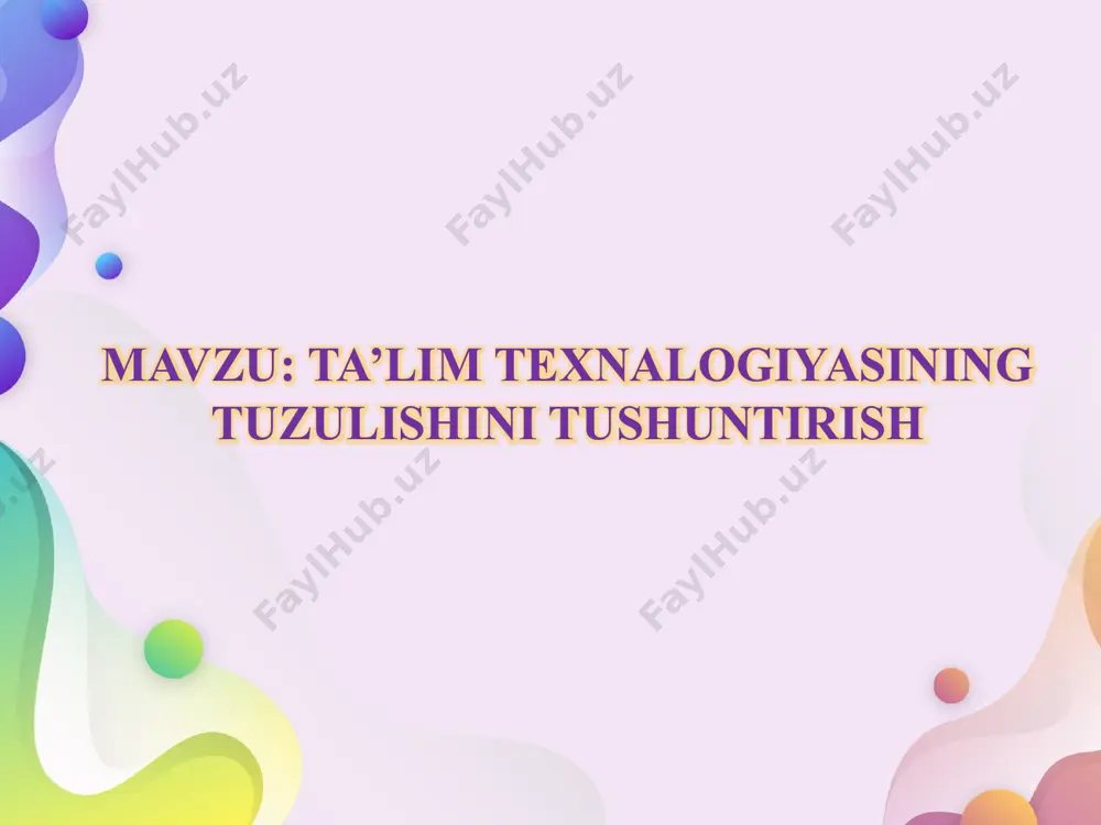 amonaviy ta`lim texnologiyalari, g‘oyalar maktablar, yo‘nalishlar, keng turlarida yo‘l topa bilish mahorati; - pedagogik faoliyatni ijodiy va metodik to‘g‘ri rejalashtirishga tayyorlikni shakllantirish; - mustaqil ishlash, mustaqil bilim olish, o‘zini tarbiyalash va o‘zini mutaxasislik darajasini doimiy oshirib borishga intilishni faollashtirish. 2. ta`lim texnologiyalarining boshqa fanlar bilan bog‘liqlig ―ta`lim texnologiyalari‖ fanini o‘rganish pedagogika nazariyasi va tarixi,pedagogik mahorat, psixologiya, demokratik jamiyat qurish nazariyasi va amaliyoti, falsafa, mantiq, etika, ma`naviyat, o‘zbekiston tarixi, yosh fiziologiyasi va gigienasi bilan o‘zaro bog‘liqlikda quriladi. dasturni amalga oshirish o‘quv rejasida rejalashtirilgan kasbiy pedagogika, kasbiy psixologiya, ta`limda axborot texnoloshgiyalari, kasb ta`limi metodikasi va boshqa fanlar bilan uzviy bogґliq xolda oґrganiladi. ta‘lim texnolo‘giyasifanini chuqur oґrganish uchun yuqoidagi fanlardan etarli bilim va koґnikmalarga ega bo‘lishlik talab etiladi, xamda shu fanlar bilan ketma-ketlikda organiladi. uzbekiston respublikasi «ta'lim to`g`risida»gi qonunining 3-moddasida ta'lim sohasidagi daalat siyosatining asosiy tamoyillari belgilab berilgan bo`lib, unga ko`ra ta'lim uzbekiston respublikasi ijtimoiy tarakkiyoti sohasida ustuvor deb e'lon qilingan. ta'lim sohasidagi …