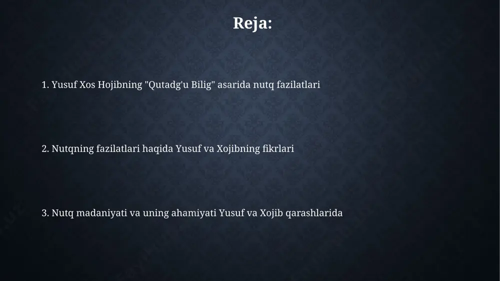 , rostgo'ylik va hurmatlilik. yusuf va khojibning 20 dan ortiq hikoyalari orqali nutqning samarali vosita ekanligi, 5 ta turli vaziyatda – ijtimoiy, siyosiy, diniy va boshqalarda – ko'rsatilgan. hazil va kinoya san'ati hazil va kinoya san'ati, 11-12 asrlarda buxoro va samarqand kabi yirik shaharlarda rivoj topgan adabiy uslub bo'lib, mualliflarning fikrlarini 2-3 qatlamli ma'no bilan ifodalashga xizmat qilgan. yusuf va hojibning asarlarida hazil va kinoya san'atining 20 dan ortiq namunasi uchrab, ularning aksariyati ijtimoiy masalalarga oid mulohazalarning nozik ifodasini namoyish etadi. to'g'ri so'zlashning ahamiyati yusuf va khojibning fikrlariga ko'ra, samarkand kabi yirik shaharlarda 20 ga yaqin turli xil kasb egalari orasida rostgo'ylik obro'ning asosiy belgilaridan biri sifatida qaralganda, ijtimoiy tartibni saqlashga yordam bergan. to'g'ri so'zlashning ahamiyati, yusuf va khojibning 7 ta asosiy risolalarida ta'kidlanib, xorazm viloyatining adabiy an'analariga chuqur ta'sir ko'rsatgan va keyingi avlodlarga o'rnak bo'lgan. muloqot madaniyati va nutq 15-asrda yozilgan ba'zi manbalarda, nutq madaniyatiga oid 7 ta asosiy …