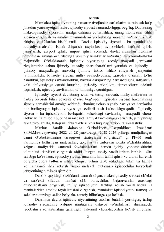 h vositalaridan va manbalaridan amaliy foydalanishni o‘rganish, mamlakat iqtisodiyotini tarmoq va sohalarini tartibga solish bo‘yicha nazariy bilimlarga ega bo‘lish. darslikda davlat iqtisodiy siyosatining asoslari batafsil yoritilgan, tashqi iqtisodiy siyosatning xalqaro mintaqaviy ustuvor yo‘nalishlari, shuningdek, raqobatni rivojlantirishga qaratilgan hukumat chora-tadbirlari ko‘rib chiqilgan. shuningdek, har bir bo‘limi nafaqat nazariyani, balki hozirgi holatning tahlilini ham o‘z ichiga oladi. bo‘limlarning bunday tuzilishi nazariy bilimlarning mohiyatini va ma’nosini chuqur tushunishga hamda amaliyotda samarali foydalanishga imkoniyat yaratadi. i-bob. iqtisodiyot, bozor va iqtisodiy siyosat 1.1 iqtisodiyotga davlat aralashuvining minimal chegaralari iqtisodiyot - bu tovarlar va xizmatlarni ishlab chiqarish, taqsimlash va iste'mol qilishga qaratilgan ijtimoiy fan bo'lib, shaxslar, korxonalar, hukumatlar va mamlakatlar resurslarni taqsimlash uchun qilgan tanlovlarini tahlil qiladi. bozor - bu iqtisodiy munosabatlar, ishlab chiqaruvchilar va iste'molchilarning resurslar almashinuvi, ya'ni savdo bilan bog'liq munosabatlar yig'indisidir. bozor - bu iste'molchilar va ishlab chiqaruvchilar o'rtasida iqtisodiy tovarlar va ishlab chiqarish omillari almashinuvi uchun zarur bo'lgan iqtisodiy munosabatlar tizimi. bozor …