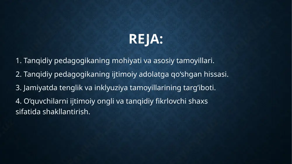 ol ishtirok etishga chorlaydi. tanqidiy pedagogika nafaqat o‘quv dasturining mazmuniga, balki ta’lim jarayonining o‘ziga ham e’tibor qaratadi. u darsliklarda, o‘quv rejalari va metodikalarda yashiringan ijtimoiy mafkuralarni tahlil qilishni, o‘qituvchining rolini qayta ko‘rib chiqishni va o‘quvchining shaxsiy hayot tajribasini asosiy manba sifatida tan olishni taklif qiladi. shu bois tanqidiy pedagogikada o‘quvchilar savollar berishga, mavjud fikrlarni shubha ostiga olishga, muqobil nuqtai nazarlarni tahlil qilishga va yangi yechimlar topishga o‘rgatiladi. tanqidiy pedagogika doirasida ta’lim jarayoni statik emas, balki dinamik va doimiy o‘zgarishga tayyor bo‘lgan tizim deb qaraladi. u jamiyatdagi nohaqliklarni ko‘rish va unga befarq bo‘lmaslikni o‘rgatadi. bu yondashuvda o‘qituvchi faqat dars o‘taydigan emas, balki o‘quvchilar bilan birga o‘rganadigan, ular fikriga quloq soladigan va o‘zini ham rivojlantiradigan shaxs bo‘lishi kerak. tanqidiy pedagogikada ijtimoiy tenglik, inson huquqlari, demokratiya, madaniy xilma-xillikka hurmat kabi qadriyatlar muhim o‘rin tutadi. bu qadriyatlar orqali o‘quvchilar o‘z shaxsini to‘liq anglaydi, o‘z madaniy ildizlariga hurmat bilan qaraydi va boshqalarning farqli tajribalarini qadrlaydi. …