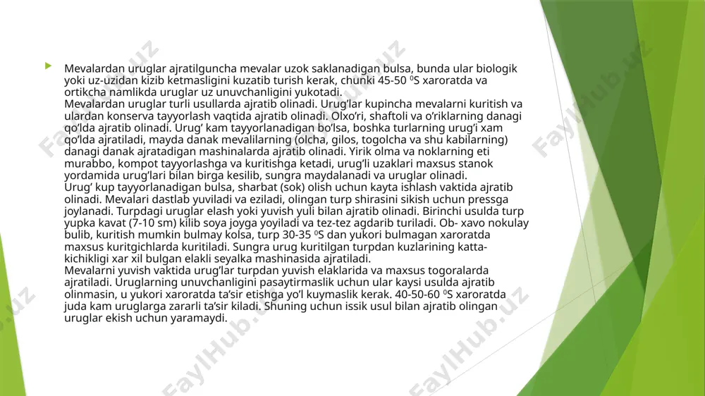 t0f0lchadan 8-10; urikdan 12-15; shaftolidan 3-6 foizni tashkil etadi. hozirgi kunda dunyoda intensiv mevali bog'larni barpo qilishda madaniy meva ekinlari navlarini past bo'yli payvandtaglarga ulangan daraxtlar holida o'stirishga katta e'tibor qaratilmoqda. shuning uchun intensiv mevali bog'larini barpo qilishda payvandtagning ahamiyati juda katta. mevali daraxtlarning bo'yi, hosilga kirish muddati, qisqa shoxlanishi, uzoq yashashi, tabiiy noqulay sharoitlarga chidamliligi, hosildorligi, mevalarining sifati va intensiv bog'lardan olinadigan daromad ko'p jihatdan payvandtag xususiyatlari bilan chambarchas bog'liq. payvandtag xar xil kasallik va zararkunandalarga hamda noqulay iqlim sharoitlariga chidamli ko'chat shakillantirishda ham muhim ahamiyat kasb etadi. past bo'yli daraxtlar mevasining tannarxi kuchli o'sadigan daraxtlar mevasining tannarxidan past bo'lib, 100 kg hosil olish uchun 1,5 - 2,0 baravar kam mehnat sarflanadi, daromad keltirishi esa oddiy bog'larnikidan 1,5 - 2,0 baravar ortiqdir. past bo'yli bog'larning erta hosilga kirishi, yuqori hosil berishi, mevalarning sifatli bo'lishi, daraxtlarni parvarish qilishning osonligi va shu kabi bir qancha ijobiy xususiyatlari bor. past bo'yli payvandtaglarga …