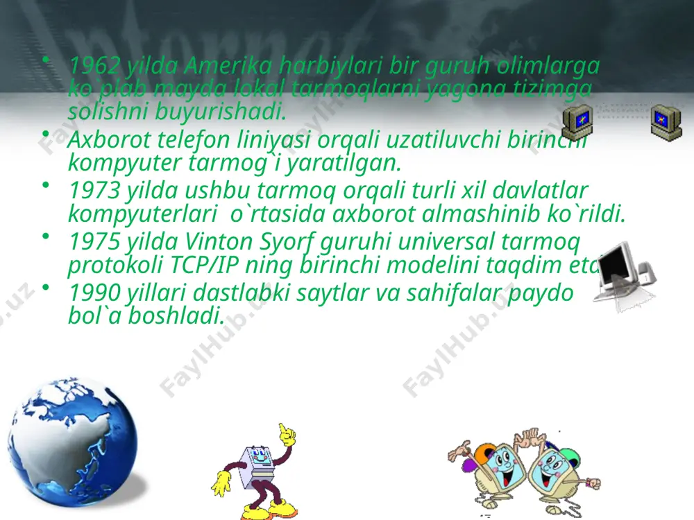 etrik raqamli abonent liniyasi)— bu modem texnologiyasi bo`lib, bunda kiruvchi va chiquvchi trafik assimetrik tarzda taqsimlangan. dial-up modem - bu turdagi modem, agar tarmoqga bir urinishda bog`lanilmasa, qayta –qayta ulanishga xarakat qiladi. simsiz ulanish: router mobil aloqa operatori usb-modem 3g (3rd generation) – mobil aloqaning 3-chi avlodi: 10 мbit/s gacha (ums, beeline, ucell, ……) 4g (4rd generation) – mobil aloqaning 4-chi avlodi: 1 gbit/s gacha. internet server yordamida sun`iy yo`ldosh yoki optic tolali aloqa kanali 18 mobil telefon orqali internetga ulanish wap (wireless application protocol) musiqa, ob-havo va o`yinlarni yuklash; e-mail, internet-magazinlar, aloqa operatorlari saytlari; gprs (general packet radio service) или edge (enhanced data for global evolution) o`rnatilgan brauzer (opera mini – sahifalarni ixchamlashtirish); java tilini qo`llanilishi; e-mail uchun o`rnatilgan dastur, kompyuter uchun modem. 19 internet imkoniyatlari (xizmatlar, servislar) www (world wide web) – gipermatnli hujjatlar gipermatn – bu matndagi har bir so`z yoki so`z birikmasi boshqa hujjatga gipermurojaat (giperssilka) …