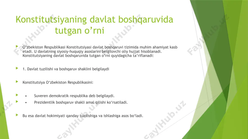 tirish bersam, konstitutsiyaga o‘zgartirish kiritishning asosiy ahamiyati va afzalliklari quyidagicha: 1. davr talablariga moslashuv • konstitutsiyaga o‘zgartirish kiritish jamiyat va davlatning rivojlanishi bilan bog‘liq yangi ehtiyoj va muammolarni hal qilishga imkon beradi. • o‘zgaruvchan ijtimoiy-siyosiy, iqtisodiy sharoitlar konstitutsiyaning moslashuvchan bo‘lishini talab qiladi. 2. huquqiy barqarorlikni ta’minlash • konstitutsiyaga kiritiladigan o‘zgartirishlar davlat hokimiyati, huquqiy tizim va jamiyat barqarorligini mustahkamlaydi. • qonunlarning amaliyotda samarali ishlashini ta’minlaydi. konstitutsiyaga o’zgartirish kiritishning ahamiyati va afzalliklari 3. fuqarolar huquq va erkinliklarini kengaytirish • o‘zgarishlar orqali fuqarolarning konstitutsiyaviy huquq va erkinliklari himoyasi kuchaytiriladi. • inson huquqlariga oid yangi tamoyillar va kafolatlar kiritilishi mumkin. 4. davlat boshqaruvini takomillashtirish • konstitutsiyaviy islohotlar davlat organlari faoliyatini yanada samarali tashkil etishga yordam beradi. • davlat boshqaruvi tizimini demokratlashtirish, hisobdorlikni oshirish kabi maqsadlar ko‘zlanadi 5. ijtimoiy adolat va demokratik qadriyatlarni mustahkamlash • konstitutsiyaga kiritilgan o‘zgartirishlar adolatli, ochiq va demokratik jamiyat qurish uchun asos bo‘ladi. • xalqning davlat boshqaruvida ishtirokini kengaytiradi. 6. xalqaro …