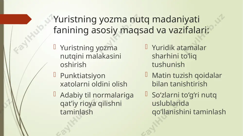 miyat kasb etadi. mazkur fan o‘z doirasida talabalarda ushbu qobiliyatni shakillantirishda muhum ahamiyat kasb etadi. -o‘ta og‘ir jinoyat sodir etgan shaxslarga nisbatan qo‘llanadigan atama. retsidivist matin tuzish qoidalari bilan tanishtirish matin tuzish qoidalari bilan to‘liq tanishish yuristning amaliyot faoliyatida yetarlicha ahamiyat kasb etadi. matinni to‘g‘ri shakillantirish: unung kirish qismi, asosiy qismi va xulosasini o‘z o‘rnida qo‘llay olish yurist yozma nutqi yetarli darjada shakillanganliigidan dalolat beradi. matinning asosiy tarkibay qisimlari: kirish: matin haqida umumiy xulosalar aks ettiriladi. asosiy qism: matin mazmuni keng doirada yoritiladi,asosiy fikr-mulohazalar aks ettiriladi. xulosa: matin haqida umumiy xulosalar chiqariladi. so‘zlarni to‘g‘ri nutq uslublarida qo‘llanilishini ta’minlash so‘zlarni to‘g‘ri nutq uslublarida qo‘llay olish yuristning nutq madaniyati yuksak darajada ekanligidan dalolat beradi. yuridik faoliyatda so‘zlar asosan rasmiy nutq uslubi doirasida qo‘llaniladi. bunday uslubning o‘ziga xos xususiyati so‘zlarning qat’iy qolipga solinganligidadir. nutq uslublariga quyidagilar kiradi: so‘zlashuv uslubi rasmiy uslub badiiy uslub publitsistik uslub ilmiy uslub e’tiboringiz uchun rahmat /docprops/thumbnail.jpeg