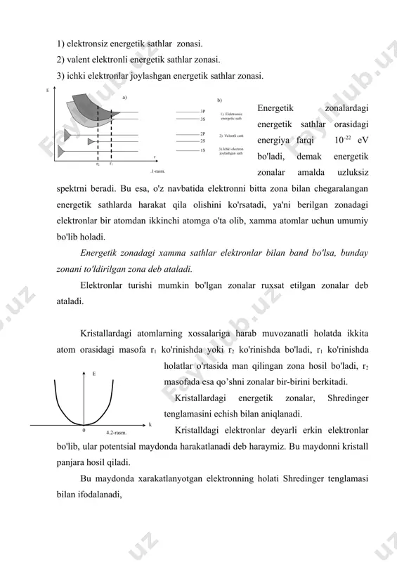 ga uchrab, ichki elektron-lar joylashgan sathlar esa kuchsiz o'zgaradi. 1) elektronsiz energetik sathlar zonasi. 2) valent elektronli energetik sathlar zonasi. 3) ichki elektronlar joylashgan energetik sathlar zonasi. energetik zonalardagi energetik sathlar orasidagi energiya farqi 10-22 ev bo'ladi, demak energetik zonalar amalda uzluksiz spektrni beradi. bu esa, o'z navbatida elektronni bitta zona bilan chegaralangan energetik sathlarda harakat qila olishini ko'rsatadi, ya'ni berilgan zonadagi elektronlar bir atomdan ikkinchi atomga o'ta olib, xamma atomlar uchun umumiy bo'lib holadi. energetik zonadagi xamma sathlar elektronlar bilan band bo'lsa, bunday zonani to'ldirilgan zona deb ataladi. elektronlar turishi mumkin bo'lgan zonalar ruxsat etilgan zonalar deb ataladi. kristallardagi atomlarning xossalariga harab muvozanatli holatda ikkita atom orasidagi masofa r1 ko'rinishda yoki r2 ko'rinishda bo'ladi, r1 ko'rinishda holatlar o'rtasida man qilingan zona hosil bo'ladi, r2 masofada esa qo’shni zonalar bir-birini berkitadi. kristallardagi energetik zonalar, shredinger tenglamasini echish bilan aniqlanadi. kristalldagi elektronlar deyarli erkin elektronlar bo'lib, ular potentsial maydonda harakatlanadi deb …