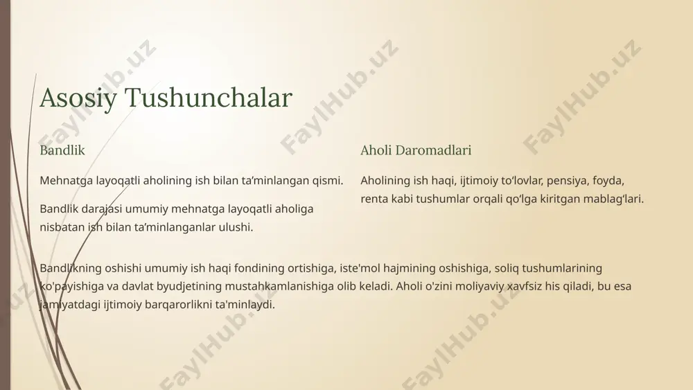 o‘zbekiston misolida 2023-yil bandlik darajasi 67% ni tashkil qilgan. 2023-yil aholi jon boshiga o‘rtacha daromad 12 million so‘m. bandlik oshgan yillar iste’mol xarajatlari ham oshgan. 2020-yil pandemiya davrida bandlik kamaygan, daromadlar pasaygan. o‘zbekiston respublikasi davlat statistika qo‘mitasi ma’lumotlari bandlik va daromadlar o‘rtasidagi bog‘liqlikni tasdiqlaydi. statistik ma'lumotlar bandlikning daromadlarga bevosita ta'sirini ko'rsatadi. 5 bandlik darajasi pasaysa nima bo‘ladi? ishsizlik aholi ishsiz qoladi, daromad manbai yo‘qoladi. ijtimoiy nafaqalar ijtimoiy nafaqalar va yordamlar ortadi – bu davlat byudjetiga bosim qiladi. iste'molning pasayishi iste’mol darajasi pasayadi – bu esa iqtisodiyotda turg‘unlikka olib keladi. ijtimoiy muammolar jinoyatchilik, ijtimoiy beqarorlik kuchayishi mumkin. bandlik darajasining pasayishi iqtisodiy va ijtimoiy muammolarni keltirib chiqarishi mumkin. shuning uchun, bandlikni qo'llab-quvvatlash va oshirish davlat siyosatining muhim vazifalaridan biridir. 6 bandlik – iqtisodiy barqarorlik asosi 1 iqtisodiy o'sish 2 daromadlarning barqarorligi 3 ijtimoiy barqarorlik 4 bandlik bandlik nafaqat iqtisodiy, balki ijtimoiy barqarorlik uchun ham muhim omil hisoblanadi. yuqori bandlik darajasi iqtisodiy o'sishni …