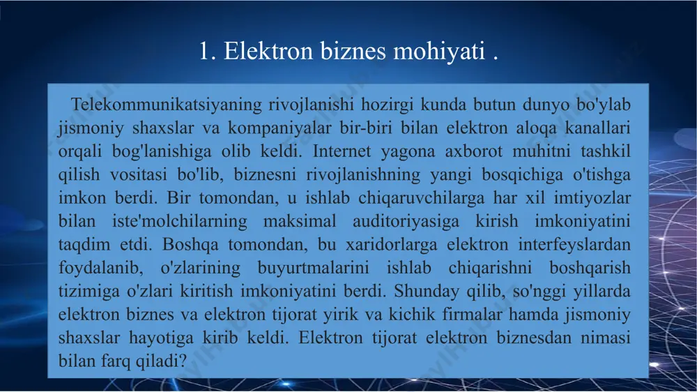 ari, xosting provayderlari, domenlar); xizmatlar ko'rsatish (masofaviy o'qitish, onlayn kutubxonalar, elektron sog'liqni saqlash, internet-konsalting va boshqalar); onlayn o’yinlar biznesi (virtual kazinolar, bukmeykerlar, totalizatorlar, lotereyalar); mehnat birjalari (bandlik agentliklari); hamkor dasturlar (sheriklik dasturlari va boshqalar); internet-franchayzing; internet-lizing. davlat va fuqaro o‘zaro bog‘langan faoliyati rejim 24/7/365; qiziqishlarni qo‘llab quvvatlovchi tizim; iqtisod davlat va biznes o‘zaro bog‘langan faoliyati o‘zaro kelishilgan shartlar; autsorsing davlat boshqaruvining turli tarmoqlarinng o‘zaro bog‘langan faoliyati akt bilan ishlashda xodimlarni motivatsiya qilish davlat va davlat xzmatchilari o‘zaro bog‘langan faoliyati xodimlar malakasini oshirish g2c government to citizen g2b government to business g2g government to government g2e government to employees elektron hukumat klassifikatsiyasi www.egovernment.uz 9 davlat biznesga xizmatlari (g2b) biznesni boshlash litsenziyalar va ruxsatnomalarni ro'yxatdan o'tkazish soliq va statistik hisobotlarni taqdim etish elektron to'lovlar hukumat organlari o’rtasidagi aloqalar (g2g) elektron hujjat aylanishi xodimlarni boshqarish moliyaviy menejment davlat xaridlari g2c g2b g2g davlat aholiga xizmatlari (g2c) fuqarolik holati dalolatnomalarini ro'yxatdan o'tkazish mulkni ro'yxatdan …