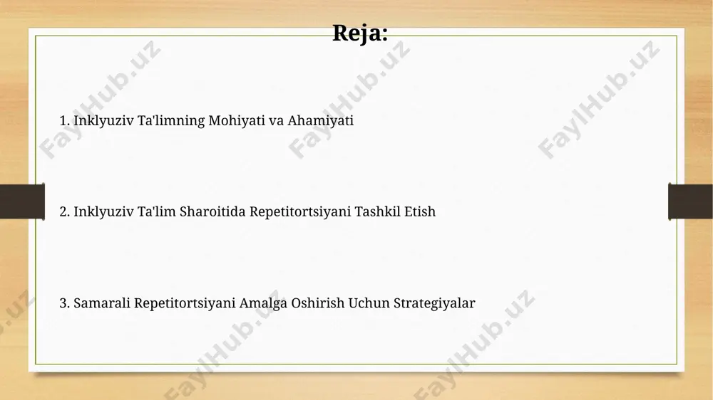 rlik bo‘yicha treninglar o‘tkazilib, natijada inklüziv ta’limga oid bilim va ko‘nikmalar 85% ga oshdi. toshkent shahridagi inklyuziv ta’lim muassasalarida 2022-yilda o‘tkazilgan so‘rovnomalar natijalariga ko‘ra, ota-onalarning 75% i o‘qituvchilar bilan faol hamkorlik qilishning ahamiyatini qayd etdi. kelajakdagi rejalar va tavsiyalar andijon viloyati maktablari uchun 2026-yilga qadar onlayn tutorlik platformasini ishga tushirish va kamida 5000 nafar o‘quvchini qamrab olishni rejalashtirib, zamonaviy texnologiyalardan foydalanishni kengaytirmoqdamiz. inklyuziv ta’lim muhitlarida kamida 3 ta turli xil o‘quv uslublarini qo‘llash orqali 2025-yilga kelib samarqand viloyatidagi barcha maktablarda individuallashtirilgan tutorlik xizmatlarini joriy etish maqsad qilingan. muvaffaqiyatli inklyuziv tutoring misollari farg‘ona viloyatida 5 ta maktabda amalga oshirilgan loyihada, 20 dan ortiq o‘qituvchiga inklyuziv tutorlik bo‘yicha treninglar o‘tkazilib, ularning 80% dan ko‘prog‘i yangi usullarni amaliyotga joriy etdi. toshkent shahridagi 10-maxsus maktab-internatida 3 guruhlarda qo‘llanilgan o‘yin texnologiyalari asosidagi inklyuziv tutorlik usuli, o‘quvchilarning ijtimoiy moslashuvchanligini 15% ga yaxshilashga yordam berdi. inklyuziv sinflarda o'quvchilarning xususiyatlarini hisobga olish inklyuziv sinflarda o'quvchilarning 70% dan ortig'i …
