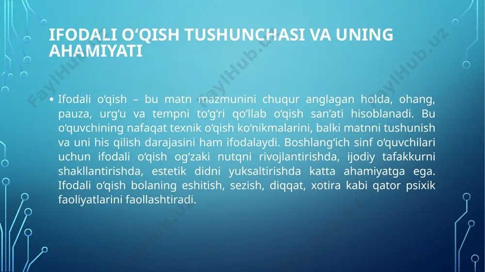 r ifodali o‘qish malakasini mustahkamlash uchun maxsus mashq va topshiriqlardan foydalaniladi. bular, avvalo, nutqiy intonatsiyani, ohangni, urg‘uni to‘g‘ri qo‘llashga yo‘naltirilgan bo‘lishi kerak. masalan, gap ohangini o‘zgartirib o‘qish mashqlari, tinish belgilariga qarab pauza qo‘yish topshiriqlari, so‘z yoki iboralarga urg‘u berish ishlari bunga kiradi. mashqlar sirasiga she’rlarni musiqa ohangida o‘qish, hikoya yoki ertakni rollarga bo‘lib o‘qish, ovozli teatr yaratish, dramatizatsiya qilish, mimik harakatlar bilan o‘qish, qahramonlarning ruhiy holatini ifoda etish kabilar kiradi. bunday mashqlar bolalarda badiiy tasavvur, obrazni his qilish, empatiya va ijodiy o‘ylashni rivojlantiradi. mashqlarni tanlashda ularning yoshga mosligi, soddaligi va bosqichma-bosqich murakkablashuvi muhim. o‘qituvchi mashqdan oldin namunali o‘qish bajaradi, tushuntiradi va so‘ngra mustaqil bajarishga imkon yaratadi. matn mazmunini anglab olish uchun suhbat, savol-javob va fikr almashish faoliyati ham ifodali o‘qishni mustahkamlaydi. bu jarayonda o‘qituvchi har bir bolaning ishtirokini ta’minlashi va ijobiy baholab, rag‘batlantirib borishi zarur. shunday yondashuv ifodali o‘qish ko‘nikmasini mustahkamlaydi, bolaning o‘qishga bo‘lgan ishtiyoqini oshiradi. xulosa ifodali o‘qishga o‘rgatish …