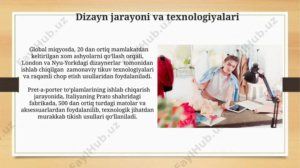 r dizaynerlari rossiya, qozog'iston va markaziy osiyo bozorlariga kirib, 50% dan ortiq mahsulotlarini eksport qilmoqda. onlayn savdo platformalaridan, jumladan, amazon va ebay kabi global gigantlardan foydalanish, o'zbekistondagi pret-a-porter dizaynerlariga 100 dan ortiq mamlakatga mahsulot yetkazib berishga imkon beradi. ehtiyot choralari va xavflar pre-a-porter tovarlarining 70% dan ortig'i osiyo mamlakatlarida, xususan, bangladesh va vetnamda ishlab chiqariladi, bu esa logistika muammolarini va siyosiy beqarorlik xavfini keltirib chiqarishi mumkin. trendlarning tez o'zgarishi va iste'molchilarning talablarining o'zgarishi tufayli, taxminan 30% pre-a-porter mahsulotlari sotuvga chiqarilgandan so'ng to'liq sotilmay qoladi, bu esa katta moliyaviy yo'qotishlarga olib kelishi mumkin. doimiy mijozlarni jalb qilish instagramda 500 mingdan ortiq obunachiga ega bo'lgan inflyuenserlar bilan hamkorlik qilish, yevropa va osiyo bozorlarida yangi pret-a-porter kolleksiyalarining targ'ibotini 3 barobar tezlashtiradi. onlayn-do'konlar orqali sotiladigan pret-a-porter kiyimlarning 15% dan ortig'i moskva va sankt-peterburgdan bo'lgan mijozlar tomonidan sotib olinadi, bu esa geografik maqsadli reklama strategiyasini qo'llashni talab qiladi. matolar va materiallar tanlash pret-a-porter to'plamlarida 60% …