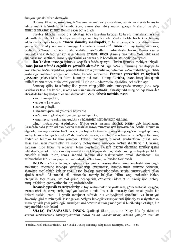 vjudot sifatida har bir yangi tarixiy sharoitda o‘zligini chuqurroq anglashga, insoniy mohiyatini ro‘yobga chiqarishga intilaveradi. dunyoni insonning teran qatlamlariga kirmasdan sirtdan bilishga bo‘lgan barcha urinishlar narsalar haqida faqat yuzaki tasavvur hosil qilish imkonini beradi. insondan sirtga qarab harakat qiladigan bo‘lsak, narsalar mohiyatini hech anglay olmaymiz, zero bu mohiyat insonning o‘zida mujassamlashgan. bu fikr qadimgi mutafakkirlargayoq yaxshi ma’lum bo‘lgan. unga turli ko‘rinishlarda sharqda ham, yunon-rim falsafiy an’anasida ham duch kelish mumkin. xususan, antik davrda delfidagi apollon ibodatxonasiga kiraverishda ustunga o‘yib yozilgan, rivoyatlarga qaraganda suqrot takrorlashni yaxshi ko‘rgan “o‘z-o‘zingni angla”, degan ibora ayniqsa mashhur bo‘lgan. ajablanarlisi shundaki, oradan ikki yarim ming yil vaqt o‘tgach, hozir ham bu fikr o‘z ahamiyatini yo‘qotgani yo‘q. u nafaqat narsalar dunyosini, balki inson borlig‘ining mohiyatini, inson va ijtimoiy munosabatlarning asl tabiatini tushunishga harakat qilayotgan har bir odam uchun o‘z-o‘zini anglashga chorlovchi fikr bo‘lib qolmoqda. buni faqat shu bilan izohlash mumkinki, ayni holda har bir yangi avlod o‘z …