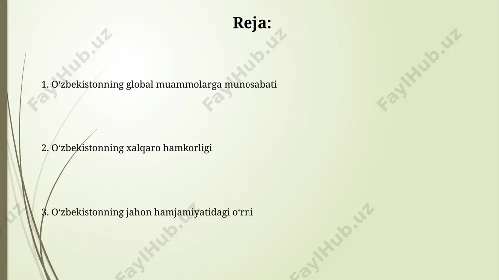 iy-texnik hamkorlik shartnomalari mintaqaviy barqarorlik va xavfsizlikni taʼminlashga xizmat qiladi. iqtisodiy hamkorlik va investitsiyalar toshkent shahrida joylashgan "navoiy" kon-metallurgiya kombinati 2024-yilga qadar xorijiy investorlar bilan hamkorlikda 500 million aqsh dollaridan ortiq investitsiyalarni jalb qilishni rejalashtirmoqda. 2022-yilda o'zbekistonning jahon iqtisodiyotiga to'g'ridan-to'g'ri xorijiy investitsiyalar oqimi 3 milliard aqsh dollaridan oshdi, bu mamlakatning iqtisodiy islohotlariga ishonchni kuchaytirdi. xalqaro tashkilotlardagi ishtiroki mamlakat jahon iqtisodiyotiga integratsiyalashish maqsadida jahon savdo tashkiloti (jst)ga qoʻshilish boʻyicha faol muzokaralar olib bormoqda va 2023-yilga kelib, muhim yutuqlarga erishdi. oʻzbekiston 1992-yilda bmtga aʼzo boʻlib, uning 193 ta davlatdan iborat bosh assambleyasida faol ishtirok etadi va koʻplab qoʻmitalarda oʻrin egallaydi. davlat siyosati va kelajak rejalari ўзбекистон 2030 йилгача рақамли иқтисодиётни ривожлантириш бўйича миллий стратегиясини амалга ошириб, интернетга киришни кенгайтириш ва самарқанддаги it-паркни кенгайтиришни режалаштирмоқда. ўзбекистоннинг "яшил" иқтисодиётга ўтиш режаси 2030 йилгача қайта тикланувчи энергия манбаларидан фойдаланишни 25% га оширишни ва тошкент шаҳрида ифлослантириш даражасини камайтиришни кўзда тутади. e'tiboringiz uchun rahmat @taqdimot_robot image1.jpg …