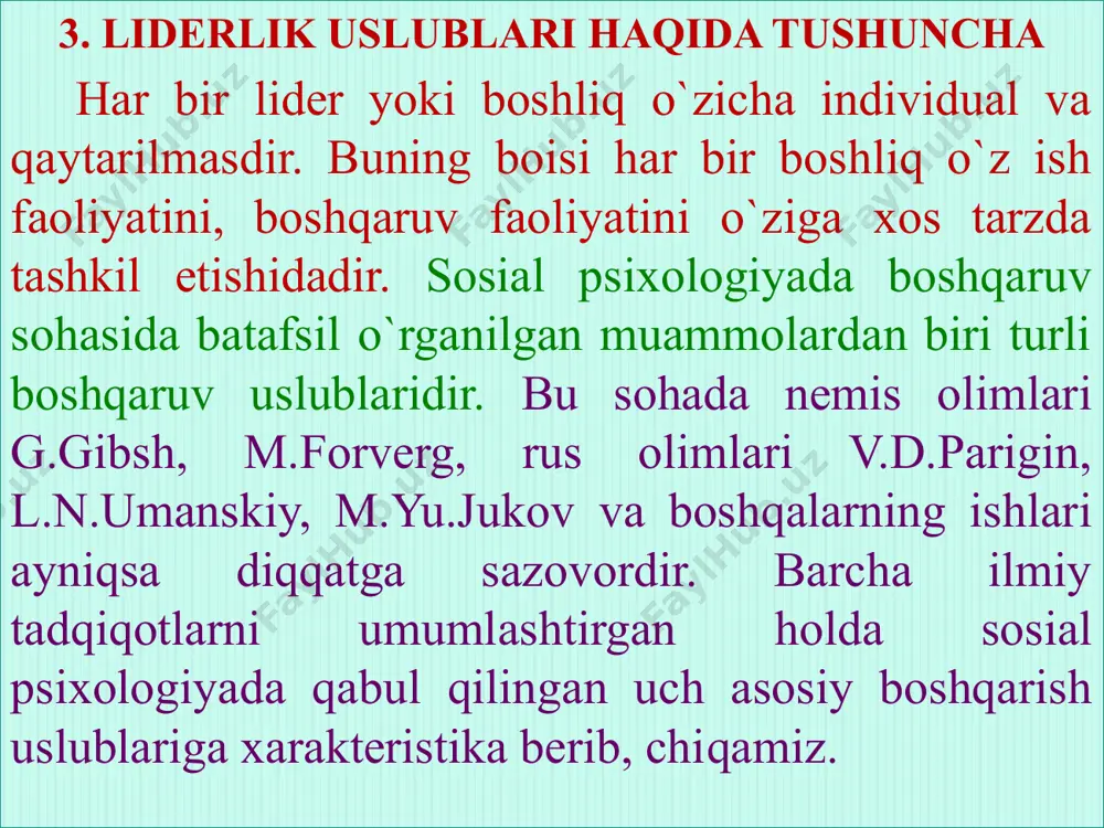 qoniqmasliklariga olib keladi. bunday rahbarlar boshchilik qilgach mehnat jamoalarida ishlaydigan odamlar o`z kasblari, ish joylarini osonlikcha almashtirishlari mumkin. demokratik rahbar, aksincha, bo`ysunuvchilarga mustaqillik erk berish tarafdori. ishda topshiriqlar berganda ishchilarning shaxsiy qobiliyatlarini hisobga olgan holda taqsimlaydi. bunda u xodimlarning shaxsiy moyilliklarini, xohish va istaklarini ham hisobga oladi. buyruq yoki topshiriqlar odatda, taklif ma’nosida beriladi. nutqi oddiy, doimo osoyishta, sokin, unda o`rtoqlarcha do`stona munosabat sezilib turadi. biror kishini maqtash, uning lavozimini oshirish yoki ishdagi kamchilikka ko’ra ishiga baho berish doimo jamoa a`zolarining fikri bilan kelishilgan holda amalga oshiriladi. tanqid, ko`pincha taklif, istak shaklida, qilingan ishlarning mazmuniga baho berish holda egasiga, "aybdorga" yetkaziladi. har bir yangi ish jamoa maslahatisiz boshlanmaydi. shuning uchun ham uning fazoviy sosial holati “jamoa ichida”. jamoada tanqid va o`z-o`zini tanqid shunday yo`lga qo’yilganki, uning oqibatida hech kim aziyat chekmaydi. chunki ko`proq boshliq emas, balki jamoaning boshqa faollari norasmiy liderlar tanqid qiladilar. boshliq yo`l qo`ygan xato kamchiliklarni jamoatchilik oldida …