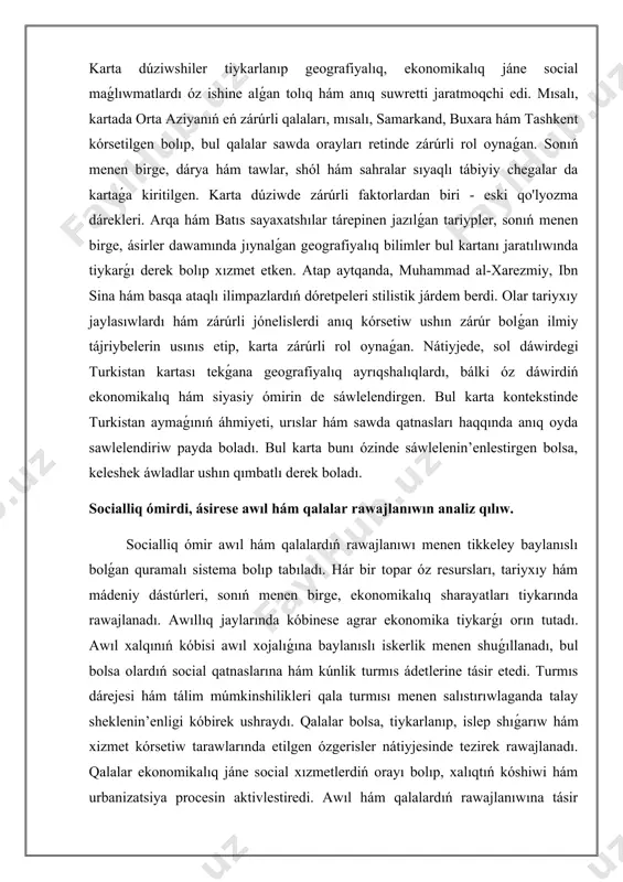 n quramalı sistema bolıp tabıladı. hár bir topar óz resursları, tariyxıy hám mádeniy dástúrleri, sonıń menen birge, ekonomikalıq sharayatları tiykarında rawajlanadı. awıllıq jaylarında kóbinese agrar ekonomika tiykarǵı orın tutadı. awıl xalqınıń kóbisi awıl xojalıǵına baylanıslı iskerlik menen shuǵıllanadı, bul bolsa olardıń social qatnaslarına hám kúnlik turmıs ádetlerine tásir etedi. turmıs dárejesi hám tálim múmkinshilikleri qala turmısı menen salıstırıwlaganda talay sheklenin’enligi kóbirek ushraydı. qalalar bolsa, tiykarlanıp, islep shıǵarıw hám xizmet kórsetiw tarawlarında etilgen ózgerisler nátiyjesinde tezirek rawajlanadı. qalalar ekonomikalıq jáne social xızmetlerdiń orayı bolıp, xalıqtıń kóshiwi hám urbanizatsiya procesin aktivlestiredi. awıl hám qalalardıń rawajlanıwına tásir etiwshi faktorlar kóplegen quramalı sistemalar arqalı bir-birin toldıradı. xalıq kóshiwi qalalar rawajlanıwınıń tiykarǵı sebeplerinen biri bolıp tabıladı, bul bolsa qalalar infratuzilmasi, kásip-óner tálimi hám xızmetler salasın keńeyiwine alıp keledi. qalalar xalqınıń kópligi olardıń social hám ekonomikalıq turmıs sharayatların jaqsılaydı. buǵan qaraǵanda awıllarda ayırım kásipler hám tarmaqlar sheklenin’en, bul bolsa social baylanıslardıń sheklenishiga alıp keledi. nátiyjede, socialliq …