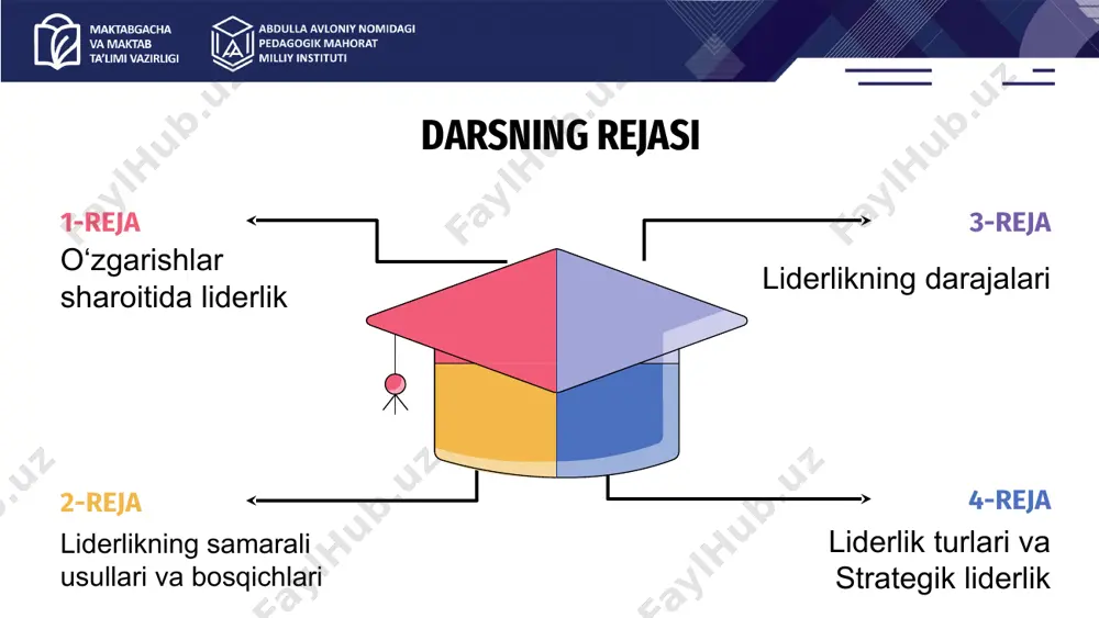 ’lim ta’lim ta’limda liderlik 1. ta’lim sifatini oshirish uchun 2. o‘quvchilar va o‘qituvchilarni ruhlantirish, rag‘batlantirish uchun 3. tashkiliy o‘zgarishlarni boshqarish uchun 4. innovatsiyalarni joriy qilish uchun 5. jamiyat bilan aloqa o‘rnatish uchun ta’limda liderlik 4 ta turga ajratib ko‘rsatiladi strategik liderlik uzoq muddatli rejalarni tuzish va boshqarish bilan shug‘ullanadi. ta’lim sifatini oshirish rahbarlar salohiyatini rivojlantirishkelajakdagi mavjud muammolar va ularni bartaraf etish. strategik rahbarlar kelajakdagi tendentsiyalar va muammolarni oldindan bilishadi va o'z tashkilotlarini reaktiv emas, balki oldindan harakat qilishga yo‘naltiradilar. operatsion liderlik kundalik faoliyatni boshqarish bilan bog‘liq ishlarni rejalashtiradi. o‘quv jarayoni, darslar, ma’muriy jarayonlar nazoratga olinadi. o‘quv dasturiga oid liderlik bunda asosiy e’tibor ta’lim mazmuni va pedagogikaga qaratiladi. samarali o‘quv dasturlari rahbarlari o‘qitish va o‘qish amaliyotining dolzarbligi, qat’iyligi, shuningdek joriy ta'lim standartlari va kelajakdagi ehtiyojlarga mos kelishini ta'minlashga harakat qiladilar. shaxsga yo‘naltirilgan liderlik asosan, bu turdagi liderlik tashkilotdagi insonlarning farovonligi va rivojlanishini birinchi o‘ringa qo‘yadi. bu kuchli munosabatlar o‘rnatish, hamkorlik madaniyatini …