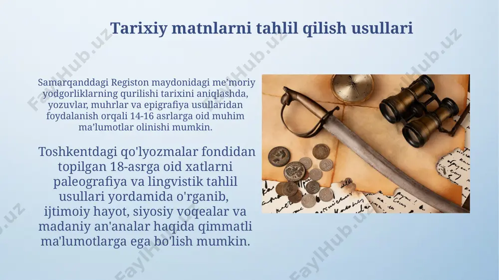 ta qabila tarixini o'rganishga imkon beruvchi, shajaralar va avlodlarga oid qimmatli ma'lumotlar mavjud. genealogik tadqiqotlarda 18-asrga oid samarqanddagi hujjatlar, masalan, nikoh va tug'ilish to'g'risidagi yozuvlar, avlodlarni aniqlashda muhim ahamiyatga ega bo'lib, 50 dan ortiq oilaning tarixini tiklash imkonini beradi. numizmatik tadqiqotlar usullari numizmatik tadqiqotlarda tangalardagi yozuvlar, belgilar va tasvirlarni tahlil qilish orqali 11-18-asrlarga oid buxoro amirligi tarixini o'rganish mumkin. tangalardagi metall tarkibiy qismlarini spektroskopik tahlil qilish orqali 16-asr samarqand shahridagi pul muomalasini va iqtisodiy holatini aniqlashga yordam beradi. onomastika usullari бухоро амирлиги даврига оид ҳужжатлардаги 3000 дан ортиқ тегишли топонимларни ўрганиш орқали, сув манбаларининг номланиши ва маъмурий бўлинишга таъсирини ўрганиш мумкин. тошкент вилоятидаги 10 та қишлоқнинг 18-асрдаги архив ҳужжатларида учрайдиган 500 га яқин антропонимларни таҳлил қилиб, ўша даврдаги демографик ўзгаришларни аниқлаш мумкин. heraldika usullari гербология усули орқали тошкентдаги 19-аср музейларида сақланаётган 200 дан ортиқ герб тасвирларини таҳлил қилиб, уларнинг эгалари ҳақида қимматли маълумотлар олиш мумкин. ўрта осиёдаги 13-асрдан бошлаб сақланиб …