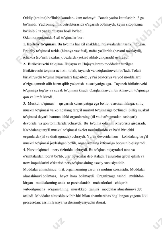 o'tkazish nerv to'qimasining asosiy xususiyatidir. moddalar almashinuvi tirik organizmning zarur va muhim xossasidir. moddalar almashinuvi bo'lmasa, hayot ham bo'lmaydi. organizmga tashqi muhitdan kirgan moddalarning unda to parchalanish mahsulotlari chiqarib yuborilguncha o'zgarishning murakkab zanjiri moddalar almashinuvi deb ataladi. moddalar almashinuvi bir-biri bilan chambarchas bog’langan yagona ikki prosessdan: assimilyasiya va dissimilyasiyadan iborat. ovqat hazm qilish kanalida bu moddalar organik moddalarga parchalanib qonga so'riladi va qon bilan birga butun organizmga tarqaladi. hujayra va to'qimalarda bu moddalardan organizmga xos murakkab moddalar hosil bo'ladi.ular organizmda yangi hujayra va to'qima hosil bo'lishida ishtirok etadi ham energiya manbai bo'lib hisoblanadi. bu prosess assimilyasiya deb ataladi. hujayra va to'qimalardagi murakkab organik moddalar doim parchalanib turadi. bunda odamning yashashi, harakat qilishi, jismoniy va aqlli mehnat bilan shug'ullanishi uchun zarur energiya ajraladi. bu prosess dissimilyasiya deyiladi. moddalar almashinuvida oqsillar, yog’lar, uglevodlar, suv va mineral tuzlar ishtirok etadi. bundan tashqari organizmning normal rivojlanishi uchun vitaminlar ham katta ahamiyatga ega. oqsillar almashinuvi. …