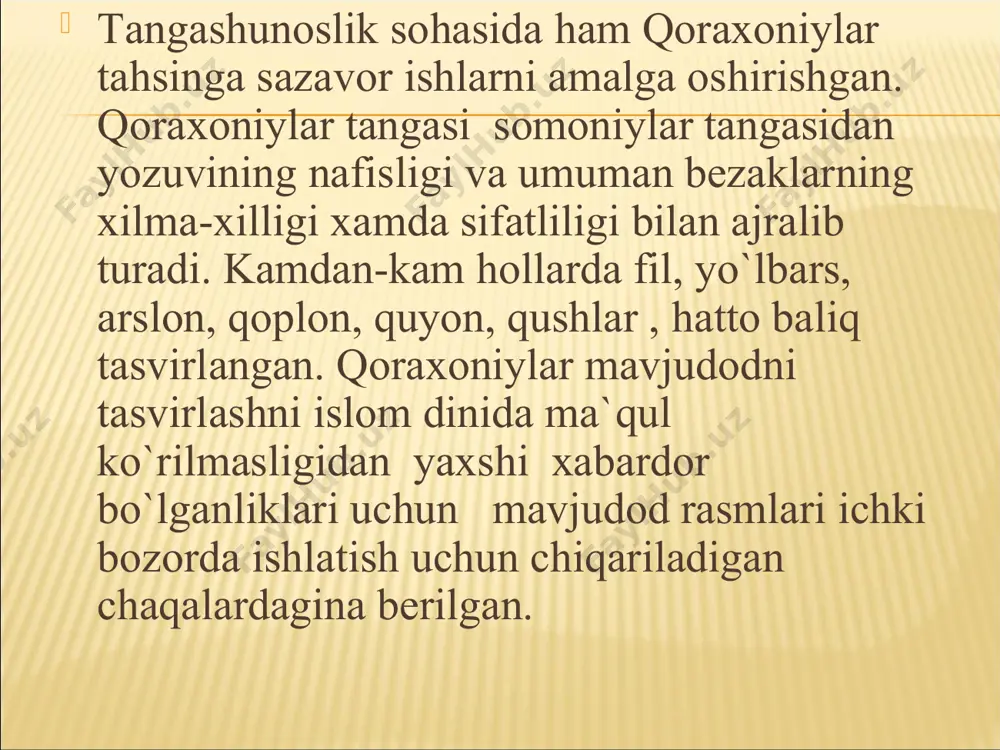 ilingan. qoraxoniylar davlatida "kumush inqirozi"ni sodir bo`lishiga o`zaro kurashlar sabab bo`lgan. undagi ko`plab harajatlar sifatsiz dirxamlarni chiqarishga sabab bo`lgan, tanga zarb qilishdagi bunday firibgarlik, aholini kumush va mis tangalarga bo`lgan ishonchini yo`qotgan. . tangalar asosan samarqand, buxoro, o`zgan zarbxonalarida chiqarilgan. xii asrning 60-yillariga kelib, tanga zarb etish ishlari butunlay o`zgardi. o`zgan va samarqandda kumush suvi yugurtirilgan dirxamlarni ko`plab zarb kila boshlashiga yo`l qo`yiladi. shu bilan bir qatorda samarqand va buxoroda oltin dinorlar ham zarb etila boshlandi. kumush suvi yugurtirilgan dirxamlar kundalik savdoga bo`lgan talabni qondiradigan bo`lsa, oltin tangalardan savdo bitimida xalqaro savdoda xam foydalanilgan. o`zbekiston xududida xi-xii asrlarda muomalada bo`lgan tangalarni asosiy qismi qoraxoniylar davrida zarb qilingan tangalarni tashkil qiladi. lekin o`zbekistonning ba`zi janubiy tumanlari, ya`ni termiz g’aznaviylar, keyinchalik temuriylar davlati tarkibiga kirgan. bu erlarda g’aznaviylar va temuriylar tomonidan zarb qilingan tangalar muomalada bo`lgan o`zbekiston xududida xi-xii asrlarda muomalada bo`lgan tangalarni asosiy qismi qoraxoniylar davrida zarb qilingan tangalar tashkil qiladi. …