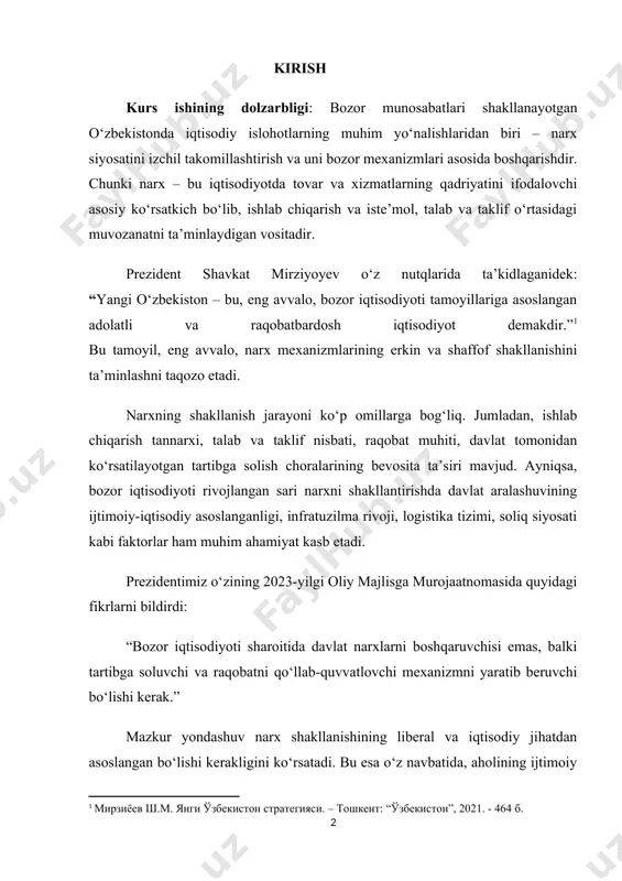 bu esa o‘z navbatida, aholining ijtimoiy himoyasini kuchaytirish, ishlab chiqaruvchilarni rag‘batlantirish va umumiy iqtisodiy muvozanatni saqlash imkonini beradi. narx nafaqat bozor iqtisodiyotining “ko‘rinmas qo‘li”, balki ishlab chiqarishni tartibga solish, resurslarni samarali taqsimlash va iqtisodiy barqarorlikni ta’minlashda muhim indikator hamdir. shu bois, narxning shakllanish jarayonini chuqur o‘rganish va uni takomillashtirish yo‘llarini aniqlash bugungi kun iqtisodchilari va siyosatchilari uchun dolzarb vazifalardan biri hisoblanadi. kurs ishining mavzusi dolzarbligi aynan shundaki, bugungi iqtisodiy muhitda narxlarning qanday shakllanishi, ularga ta’sir etuvchi omillar, davlat tomonidan ko‘rsatilayotgan qo‘llab-quvvatlov choralarining natijadorligi kabi masalalarni har tomonlama o‘rganish zarurati mavjud. raqobatbardosh iqtisodiyotga erishish uchun narx siyosatini chuqur tahlil qilish, mavjud muammolarni aniqlash va ularni bartaraf etish yo‘llarini taklif qilish – zamonaviy iqtisodiy taraqqiyotning ajralmas qismidir. mazkur kurs ishida narx tushunchasi, uning iqtisodiyotdagi roli, shakllanishi, unga ta’sir qiluvchi omillar va davlat siyosatining ahamiyati nazariy hamda amaliy jihatdan ko‘rib chiqiladi. mazkur kurs ishining asosiy maqsadi – narxning iqtisodiy mohiyatini, uning shakllanishiga ta’sir …