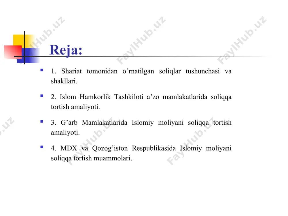an jon boshiga undiriladigan yig‘im; – xiroj – yer solig‘i. “zakot” so’zi lug’atda “poklik”, “o’sish” ma’nolarini anglatadi zakot – dinning ustunlaridan biridir. zakot – musulmonlar tomonidan butun jamiyat manfaatlari yo‘lida bajariladigan burchdir. shariatga muvofiq voyaga yetgan, erkin va bolig‘ hamda moli nisobga yetgan barcha musulmonlar zakot to‘lashlari lozim. nisob miqdori 85 gramm oltinga (zakotga tortiladigan eng quyi miqdor) teng. qarzi hasana – zakot va sadaqa bilan bir qatorda, islomda daromad va boylikni boydan kambag‘alga taqsimlash vositalaridan biri. qarzi hasana, “foizsiz xayrli qarz” sifatida ham tilga olinadi. maqsadi – allohning roziligini qozonish bo‘lgan kishi qarzi hasanani munosib nomzodga (muhtoj, ehtiyojmand kishiga) berishdan yuz o‘girmasligi lozim. qarzi hasanada, qarz beruvchi (kreditor) bu ixtiyoriy qarzdan hech qanday daromad kutmaydi va hatto qarzdorni o‘z xohishiga ko‘ra aniq muddat ichida qaytarishni talab qilmaydi, ammo qarzdorda ma’naviy majburiyat bo‘ladi: imkon bo‘lishi bilan uni qaytarishi kerak. lekin u o‘zining bor kuch-g‘ayrati va yaxshi niyatiga qaramay, iqtisodiy qiyinchiliklar …