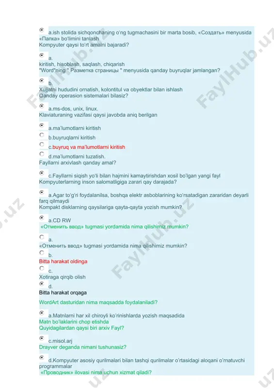 tr asboblarining ko‘rsatadigan zararidan deyarli farq qilmaydi kompakt disklarning qaysilariga qayta-qayta yozish mumkin? a.cd rw «отменить ввод» tugmasi yordamida nima qilishimiz mumkin? a. «отменить ввод» tugmasi yordamida nima qilishimiz mumkin? b. bitta harakat oldinga c. xotiraga qirqib olish d. bitta harakat orqaga wordart dasturidan nima maqsadda foydalaniladi? a.matnlarni har xil chiroyli ko’rinishlarda yozish maqsadida matn bo’laklarini chop etishda quyidagilardan qaysi biri arxiv fayl? c.misol.arj drayver deganda nimani tushunasiz? d.kompyuter asosiy qurilmalari bilan tashqi qurilmalar o’rtasidagi aloqani o’rnatuvchi programmalar «проводник» ilovasi nima uchun xizmat qiladi? a.windows da ishlashni osonlashtirish uchun b.matnlarni taxrirlash uchun c.«проводник» ilovasi nima uchun xizmat qiladi? d.fayllar va boshqa obektlar bilan ishlash uchun word muhitida yangi hujjat ochish buyrug’i qaysi menyuda joylashgan? b.файл menyusida word muhitida uskunalar panelini ko’rish buyrug’i qaysi menyuda joylashgan? a.вставка menyusida b.вид menyusida c.файл menyusida d.главния menyusida word dastrida tayorlangan fayl qanday kengaytma asosida bo’ladi? b.“.docx” a1, b1, c1 yacheykаlargа mos ravishda 13, 5, …