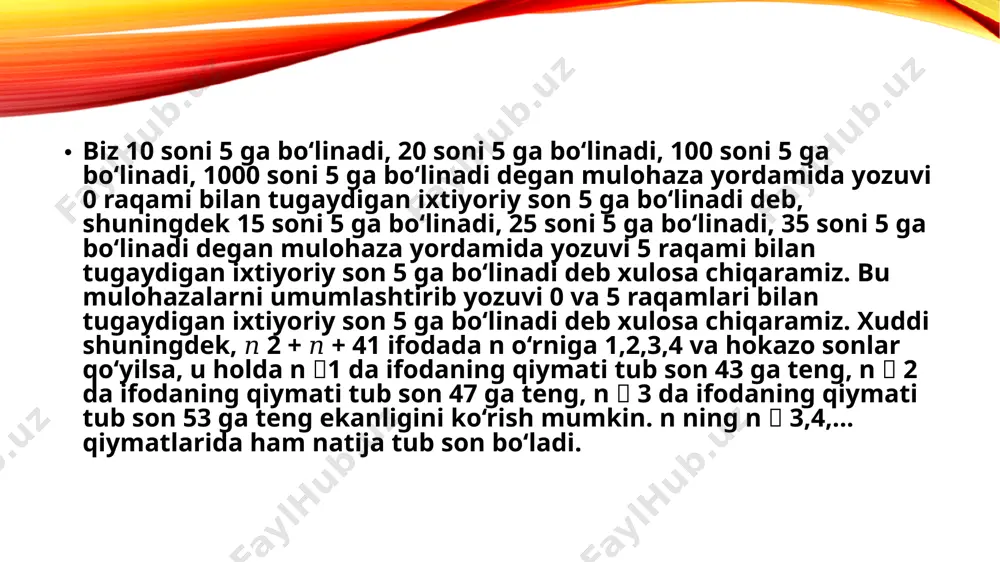 rib chiqishda muhokama qilamiz). yuqoridagi misollardan ayon bo'ladiki, natural son yozuvida raqamlarning hammasi ham emas 0 , 1 , 2 , 3 , 4 , 5 , 6 , 7 , 8 , 9 ; natural son yozuviga kiritilgan ba'zi yoki barcha raqamlar takrorlanishi mumkin. jismlar soni jihatidan natural sonlar. yozib olingan natural sonni olib keladigan miqdoriy ma'no bilan shug'ullanish vaqti keldi. ob'ektlarni raqamlash nuqtai nazaridan natural sonlarning ma'nosi maqolada natural sonlarni taqqoslashda ko'rib chiqiladi. mavzu:kesmalarning o’lchami sifatida qaralgan sonlar ustida arifmetik amallar reja: arifmetik amallarni o’rgatishda amallar bajarish metodikasining umumiy masalalari. nomanfiy butun sonlar ustida arifmetik amallarni o’rgatish metodikasi kesmalarning o'lchami sifatida qaralgan sonlar ustida arifmetik amallarni tarifi va amallar bajarish xossalari interfaol metod - ta’lim jarayonida o’quvchilar hamda o’qituvchi o’rtasidadagi faollikni oshirish orqali o’quvchilarning bilimlarni o’zlashtirishini faollashtirish, shaxsiy sifatlarini rivojlantirishga xizmat qiladi. interfaol metodlarni qo’llash dars samaradorligini oshirishga yordam beradi. interfaol ta’limning asosiy mezonlari: norasmiy bahs – munozaralar …