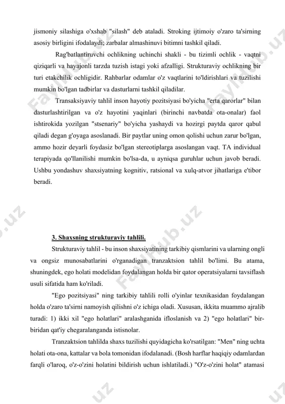 ya qilish faoliyatini o'z ichiga olgan eksteropsixiyadan kelib chiqadi. barcha kattalarning haqiqiy ota-onalari (yoki ularning o'rnini bosganlar) bor edi, ular tashqi psixik faoliyat orqali ularning xatti-harakatlariga ta'sir ko'rsatdi. bunday xatti-harakatlar "ota-onalarning xatti-harakati" deb ataladi, bu odamlar o'tmishda ota-onalardan biriga xos bo'lgan ruhiy holatda ekanligini, tashqi ogohlantirishlarga o'xshash tarzda munosabatda bo'lishlarini, masalan, bir xil holat, imo-ishora, gaplar, his-tuyg'ular va boshqalar. transaksiyaviy tahlil tili bilan aytganda, "har kim o'z ota-onasini o'zida olib yuradi". bernning ota-onasi freydning superegosiga o'xshamaydi, garchi superego ota-onaning, ota-ona ta'sirining bir tomonini ifodalaydi. ota-ona ta'siri mavhum tushuncha emas; bu ota-onalar bilan to'g'ridan-to'g'ri, haqiqiy bitimlar natijasidir. ota-onaning ta'siri nafaqat taqiqlardan, balki ruxsat berish, rag'batlantirish, vasiylik va buyruqlardan ham iborat. ota-onalarning ta'siri odamlarning atrofdagi voqelikka ota-onalari xohlagan tarzda munosabatda bo'lishiga olib keladi; shunday qilib, ota-onalarning reaktsiyalari ota-onalarning haqiqiy reaktsiyalariga mos keladi. ota-onaning asosiy vazifasi bolalarning haqiqiy ota-onasi bilan bir xil. bundan tashqari, ota-ona ko'p narsalarni avtomatik ravishda bajaradi, kattalarni ahamiyatsiz qarorlar …