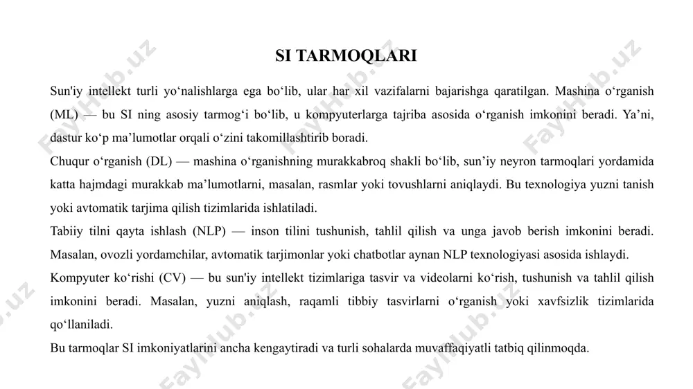 rining yangi bosqichi bo‘lib, u kompyuterlarni ancha kuchliroq va tezroq qilishi kutilmoqda. kvant hisoblashning rivojlanishi orqali murakkab masalalarni hal qilishda katta yutuqlar kutilyapti.inson va si integratsiyasi — bu yana bir kutilgan kelajak istiqbolidir. inson miyasi va sun’iy intellekt tizimlarining birlashishi orqali inson qobiliyatlarini yanada kengaytirish mumkin bo‘ladi. bu integratsiya tibbiyot, ta’lim va boshqa sohalarda yangi imkoniyatlarni yaratadi.global hamkorlik ham sun’iy intellekt texnologiyalarining xavfsiz va samarali qo‘llanilishi uchun juda muhim. xalqaro hamkorlik si tizimlarining etik, xavfsizlik va samaradorlik jihatlarini birgalikda tartibga solish imkonini beradi, shu bilan birga dunyo miqyosida birgalikda ishlashni ta’minlaydi. sun’iy intellekt kasblari sun’iy intellekt sohasida bir qancha yangi kasblar paydo bo‘lishi kutilmoqda. data scientist — bu ma'lumotlarni tahlil qilish, ularni modellashtirish va qarorlar qabul qilishda yordam beradigan mutaxassis. ular katta ma'lumotlar to‘plamlaridan foydalangan holda, analitik metodlarni qo‘llaydi. ml engineer (mashina o‘rganish muhandisi) esa mashina o‘rganish modellari yaratish bilan shug‘ullanadi. ular algoritmlarni ishlab chiqish va tizimlarni mashina o‘rganishi orqali …