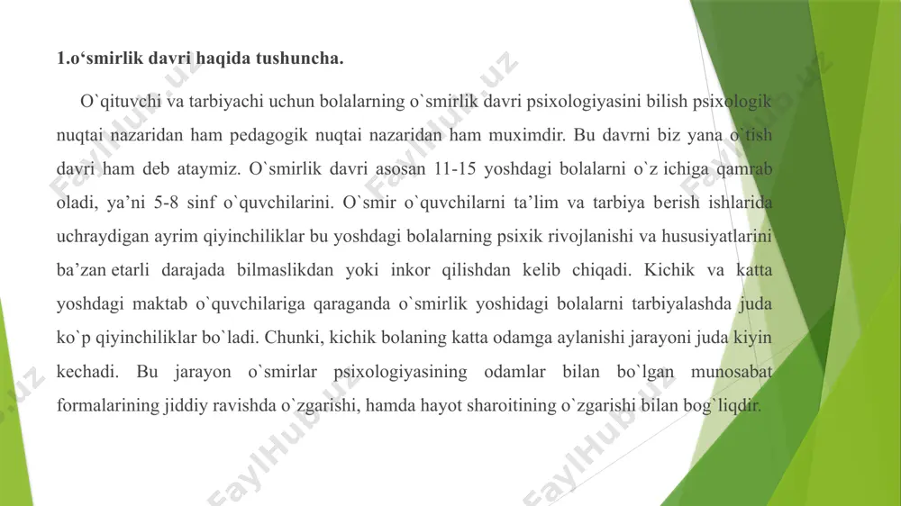 ladi. shu bois bu davrda ularni nazorat qilish emas, balki yo‘naltirish muhim ahamiyatga ega. 4. do‘stlik va guruhga mansublik o‘smirlar uchun tengdoshlar bilan aloqalar juda muhim bo‘lib qoladi. do‘stlarining fikri, bahosi, munosabati ularning xatti-harakatlariga kuchli ta’sir ko‘rsatadi. ba’zan ular do‘stlari uchun ota-onasining so‘zini e’tiborga olmaydi. yaxshi ijtimoiy guruhlar va sog‘lom muhitda o‘smir o‘zini rivojlantiradi, liderlik qobiliyati, muloqot madaniyati va jamiyatga moslashuvchanlik xususiyatlarini egallaydi. aksincha, salbiy guruhlarga tushib qolgan o‘smirlar esa yomon odatlarga berilishi mumkin. 5. tanqidiy fikrlash va intellektual o‘sish o‘smirlar bu davrda mustaqil fikr yuritishga harakat qiladilar. ularda yangi g‘oyalar, qarashlar paydo bo‘ladi. savollar berish, so‘z erkinligi, qarashlar xilma-xilligi ularga juda qiziq tuyuladi. shuning uchun bu bosqichda o‘quvchilarning fikrini erkin bildirishi uchun shart-sharoit yaratish juda muhim. ular hayot haqida chuqur o‘ylashni boshlaydilar: kasb tanlash, kelajak rejalari, axloqiy qadriyatlar haqida o‘z fikrini shakllantiradi. shaxsiy pozitsiyasi va qarashlari bu davrda asoslanadi. 3. o‘smirlik davrida psixik rivojlanishni qo‘llab quvatlash yo‘llari. o‘smirlik davrida …