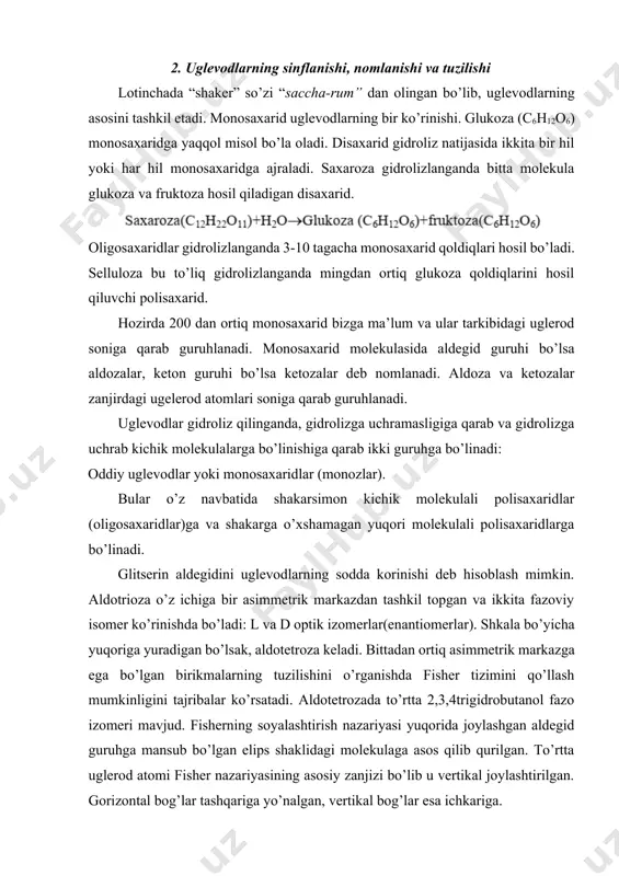 a deyiladi. bu yerdagi d bizga konfiguratsiyasi yuqori bo’lgan d(+)-glitserin aldegid asimmetrik markaziga o’xshash. d-eritroza l-eritroza bu izomerlarning ikkalasi ham fisher proektsiyasining bir tomonida joylashgan eritroza izomerlaridir. qolgan ikkita fisher proektsiyasida qarama-qarshi joylashgan gidroksil guruhga ega. ular d va l-eritrozaning diastereomerlarihisoblanib, d va l-trioza deb nomlanadi. d va l bizga konfiguratsiyali asimmetrikmarkazni ifodalaydi. d va l-triozalar birbirlariga izomerlar hisoblanadi. d-treoza l-treoza masala: quyidagi rasmda qaysi aldotetroza ifodalangan ? bu deritrozami, d-treozami, l-eritrozami yoki l-treozami ? aldotetrozalar kabi, aldozaning asimmetrik markazning qanchalik uzoqda joylashganligiga qarab konfiguratsiyasi l yoki d tipga qarashli bo’ladi. individual nomlar, eritroza va trioza kabi, asimmetrik markaz molekulalarning biri-biriga qanday joylashganligini tasvirlab beradi. optik jarayonlar esa l yoki d turga mansubligini to’gridan-to’g’ri ko’rsatib bermaydi. shuni aytish mumkinki, d-eritroza va d-treoza qutblanish tekisligini chap tomonga buradi, d-glitserin aldegid esa o’ng tomonga. aldopentoza va aldogeksozalar. aldopentozalar uchta asimmetrik markazga ega. sakkizta fazoviy izomerlar to’rttadan d-aldopentozaga va izomeri bo’lgan l-aldopentozga bo’linadi. …