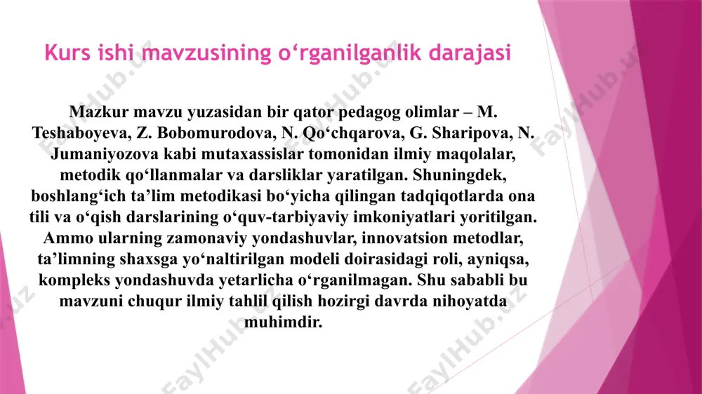 tutilgan o'quv-biluv ko'nikma-malakalari hamda bilimlarni egallashlariga yo'l ochiladi. aynan o'qish ta'limida insonning, avvalo, o'zligini, qolaversa olamni anglashga boigan inti-lishlariga turtki beriladi. 2.1. dars jarayonida zamonaviy metod va vositalardan foydalanish tajribalari o’zbekiston respublikasi prezidentining “2017- 2021 yillarda maktabgacha ta’lim tizimini yanada takomillashtirish chora-tadbirlari to’g’risida”gi 2016-yil 29-dekabrdagi pq2707-sonli, “maktabgacha ta’lim tizimini tubdan takomillashtirish chora-tadbirlari to’g’risida”gi 2017-yil 9- sentyabrdagi pq3261-son qarorlari, “maktabgacha ta’lim tizimi boshqaruvini tubdan takomillashtirish chora-tadbirlari to’g’risida”gi 2017- yil 30- sentyabrdagi pf-5198 sonli farmoyishi shular jumlasidandir. “maktabgacha ta’lim konsepsiyasi”ning paydo bo’lishi maktabgacha ta’lim mazmunini yangilash, umumiy amaliyotda yangi pedagogik texnologiyalarni sinovdan o’tkazish va pedagoglar tomonidan o’qitishning yangi usullari va shakllarini o’rganish bilan bog’liq nazariy va amaliy masalalarni qizg’in muhokama qilishning boshlanishi bo’ldi. mahalliy maktabgacha ta’limda innovatsion jarayonlarni rivojlantirish normativ va dasturiy-metodik hujjatlarda aks ettirilgan. ushbu ishda ta’limning barcha darajalari, metodologiya xizmati, ilm-fan va amaliyotning barcha darajadagi mutaxassislar ishtirok etib, birlashtirilgan ta’lim maskani yaratildi. 2.2. ona tili va o‘qish darslarining tarbiyaviy samaradorligini …