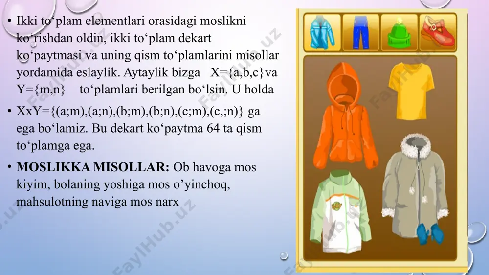 lari soni to’plam quvvati deb yuritiladi va n(a), n(b), n(n) kabi yoziladi. masalan, a={a; b; c; d}bo’lsa, n(a) = 4 bo’ladi. o’zaro bir qiymatli moslik o’rnatish yordamida chekli va cheksiz to’plamlar elementlari sonini taqqos lash mumkin. 10-ta’rif. x va y to’plamlar orasida o’zaro bir qiymatli moslik o’rnatilgan bo’lsa, bu to’plamlar tengquvvatli yoki ekvivalent deyiladi va x~y ko’rinishda yoziladi. bu holda n(x) = n(y)bo’ladi. 11-ta’rif. barcha natural sonlar to’plami n ga te ng quvvatli to’plamlar sanoqli to’plam deyiladi. agar istalgan cheksiz to’plamning har bir elementiga biror qoida yordamida bittadan natural sonni mos keltira olsak, bu to’plam elementlari natural sonlar yordamida nomerlab chiqilgan bo’ladi va bunday to’pl am sanoqli to’plam hisoblanadi. natural sonlar to’plamining istalgan cheksiz qism to’plami sanoqlidir. 1.to’plam elementlari orasidagi munosabat. biz to‘plamlarni o‘rganganda ularni taqqoslab, ular kesishadi yoki teng, yoki biri ikkinchisini qismi deb to‘plamlar orasidagi munosabatni qaradik. natural sonlar to‘plamini qaraganda sonlar orasidagi turli - tuman bog‘lanishlarni ko‘ramiz. …