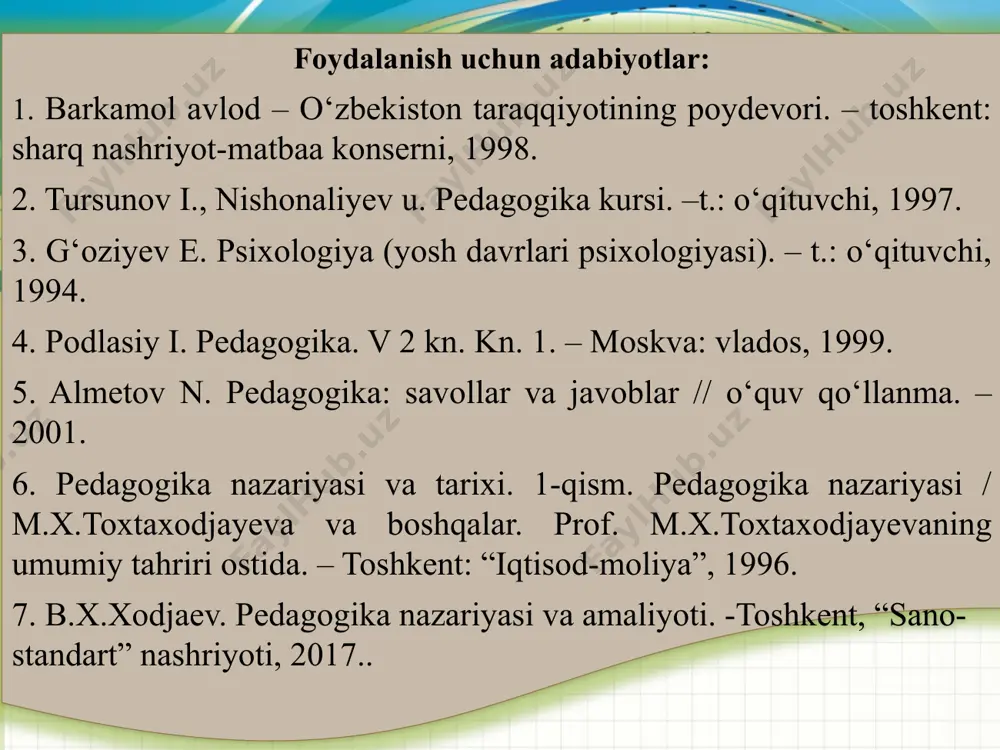 yoshdan uch yoshga cha) kichik maktab yoshi (6-7 yoshdan 11-12 yoshga cha) maktabgacha tarbiya yoshi (ych yoshdan etti yoshga cha) o’smirlik yoshlari (12 yoshdan 15-16 yoshgacha) o’smirlik davri (15-16 yoshdan 18 yoshgacha) 5a-ilova 6-ilova gо‘daklik davrining о‘ziga xos xususiyatlari: olti oydan sо‘ng “g‘о‘ldirab” sо‘zlashga intiladi, atrofdagilarning gaplarini tushuna boshlaydi, asta-sekin passiv nutq shakllanadi, 2 yoshga qadam qо‘ygach, faol nutqni о‘zlashtiradi. nutq о‘sishi bilan bola borliqni anglay boshlaydi. bolaning xatti-harakatlari, xulq-atvorida hissiy kechinmalar namoyon bо‘la boshlaydi. uning harakatida ovqatlanish, issiq yoki sovuqni sezish kabi hissiy ta’sirlar kuzatiladi. bola ikki yoshga tо‘lganda undagi ixtiyorsiz faollik asta-sekin ixtiyoriy faollik bilan almashadi. u oddiy yumushlarni bajara oladi. unda ixtiyoriy diqqat о‘sadi va “men”lik yuzaga keladi. u о‘zini atrofdagi tengdoshlari bilan solishtirib, ulardan о‘zini ajratib, “mening о‘zim”, “men istayman”, “men istamayman”, “men о‘zim bajaraman” yoki “men buni bajara olmayman” kabi sо‘zlarni qо‘llaydi. atrofdagi narsalarga ta’sir kо‘rsatib, ularga о‘z munosabatini bildiradi 7-ilova о‘yinlar asosida maktabgacha ta’lim …