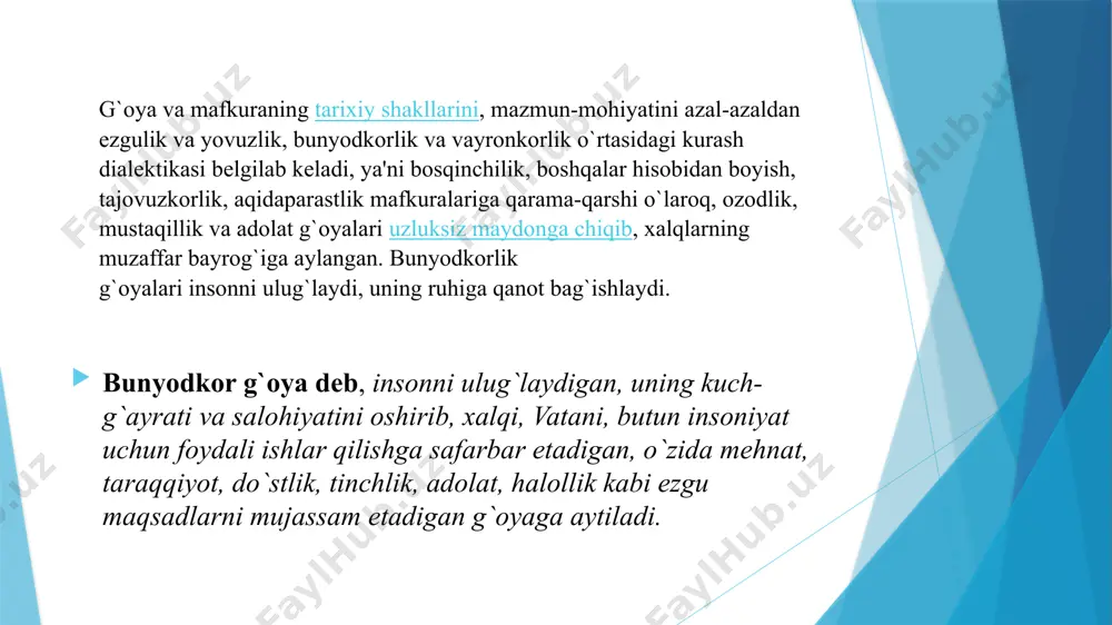 unga xos bo`lgan buyuk fazilatlardir. sharq xalqlarining buyuk ijodkorligi, bunyodkorligi va qadriyatlari turli davrlar ta'sirida g`arbga, xususan, antik yunon-rim madaniyatiga ham kuchli ta'sir ko`rsatdi. ana shunday ta'sir ostida yunon-rim madaniyati, ilm-fani, falsafiy tafakkur dunyosi shu qadar yuksaldiki, o`sha davrda yaratilgan shoh asarlar va ularning mualliflari mеrosi hanuz bashariyatning ezgu ishlariga xizmat qilib kеlmoqda. shu ma'noda, komil ishonch bilan aytish mumkinki, insoniyatning haqiqiy umumbashariy madaniyati g`arb sivilizatsiyasi va sharq ma'naviyatining qo`shilishi asosida yaratilgan. hayotning, borliqning mohiyatini anglash to`g`risidagi buddizm dini-ning asoschisi siddxartxa gautama qarashlari muhim o`rin tutadi. har qan-day insoniy tuyg`u, hissiyot, ehtiros va istak azob-uqubatlarni chuqurlashti-radi. hayot mazmunan tug`ilish, sеvish, o`lim, azobdan iborat. «borliq girdobi»dan chiqib olish uchun g`aflatdan uyg`onish, dunyo mohiyatini anglash, hayotga chanqoqlikdan, ko`ngilxushliklarga, lazzatlarga, hokimiyatga, boylikka intilishlardan voz kеchish lozim. faqat shundagina «najot topish yo`li»ga kirish mumkin. inson bеshta axloqiy talabga amal qilishi lozim: har bir kishi yomonlik qilishdan, yolg`on gapirishdan, o`g`irlik qilishdan, xis-tuyg`ularga ortiqcha bеrilishdan, ichkilikdan …