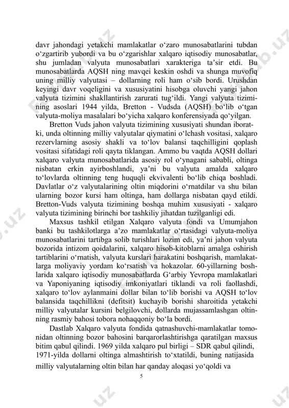 alyutaga bo‘lgan bozor talabi va taʼsiri ostida o‘zgarib turishi mumkin) ikkinchidan: aqsh dollari o‘zining asosiy valyuta sifatidagi ahamiyatini yo‘qotmoqda hamda nemis markasi, yaponiya iyenasi, ekyu (hozirda yevro) va boshqalar tobora xalqaro rezervlar va to‘lov vositalari sifatida qo‘llanilmoqda. uchinchidan: jahon valyuta tizimiga sobiq sotsialistik mamla- katlar jalb qilingan bo‘lib, ularning ko‘pchiligi 90-yillarning boshlari- gacha xvf faoliyatida qatnashmagan amalda jahon valyuta tizimiga tortilmagan edilar. 1993 yilda 178 davlat xvf aʼzolari sanalib, sotsia- listik mamlakatlardan faqatgina koreya xalq demokratik respublikasi va kuba uning tarkibiga kirmagan edi. to‘rtinchidan: davlatlarning xvf tevaragida yagona valyuta tizimiga birlashishi alohida hududiy xalqaro valyuta tizimlari faoliyat ko‘rsatishini inkor qilmaydi, chunki ular jahon tizimi tarkibida rivoj- lanib bormoqda. xususan, 1979 yilda yevropa hamjamiyati mamlakatlari yevropa valyuta tizimini barpo etdilar. unda yagona valyuta (ekyu) 1999 yil 1 yanvardan yevro hamda valyuta kurslarini o‘rnatish va valyuta hozirgi paytda jahon valyuta tizimi operatsiyalarini amalga oshirishning yagona mexanizmi mavjud. xalqaro iqtisodiy munosa- batlarning muhim …