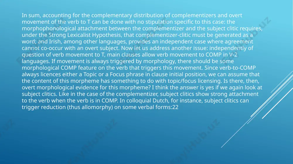 be derived from syntactic processes (movement). but to the extent that morpho-phonological criteria single out these cases as candidates to be generated in the lexicon because of allomorphy and phonological attachment, the strong lexicalist hypothesis does not allow for the syntactic cliticization option. /docprops/thumbnail.jpeg