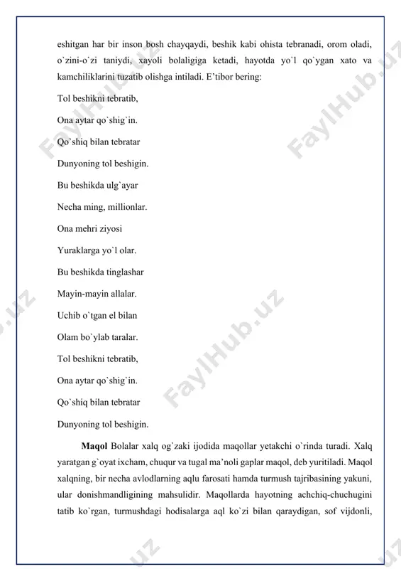 m; avval o`yla – keyin so`yla; bola aziz – odobi undan aziz; inson odobi bilan, osmon oftobi bilan; odob bozorda sotilmas; odobning boshi til; otang bolasi bo`lma, odam bolasi bo`l; yaxshi xulq kishining xusni; ustozingga tik qarasang, to`zasan; hurmat qilsang, asta-sekin o`zasan; to`g`ri o`zar, egri to`zar bunday iboratomuz maqollar ro`yxatini yana cho`zish mumkin. bola to`g`ri so`z, odobli, aqlli bo`lib kamol topmog`i lozim. ana shunday bola bor ovoz bilan: - ong ko`zimiz ochamiz, tong ko`zimiz ochamiz. boqamiz keng olamga, barchaga teng olamga! – deydigan bo`ladi. ularning harakat, intilish, kurashlarida yuqoridagi maqollarning o`rni, albatta katta bo`ladi. bola kamolotida birinchi navbatda salom-alik turadi. salom-alikni o`rgangan, uni kanda qilmaydigan har bir bolaning ishi yurishadi, omadi chopaveradi. axir xalq, - yaxshi gap bilan ilon inidan chiqadi, degan gapni bekorga aytmagan. har qanday holatda ham salom og`irni engil qiladi, oldindagi to`siq va g`oyalarni zabt etishda madodkor bo`ladi. ko`plab ertaklarimizda uchraydigan odamzod dushmanlari – devlar, jinlar, yalmog`iz …
