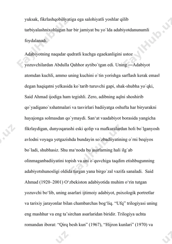 oyat oqsoqolning bergan azoblariga chidagan mehribon inson timsolini ko‘rishimiz mumkin. bundan tashqari, asarda xalqimizning urush ortidagi mashaqqatlari ham yoritib berilgan. trilogiyaning uchinchi romani “ufq bo‘sag‘asida” esa xalqimizning urushdan keyingi azob-uqubatlari bir avlodning majruh qalbi misolida ochib berilgan. garchi urush o‘z nihoyasiga etgan bo‘lsa-da, uning sovuq nafasi, u olib kelgan kulfatlar jamiyat hayotiga hali hanuz ta’sir o‘tkazayotgani har bir kitobxonni o‘yga toldiradi. asarda urushdan qaytib kelgan a’zamjon va dildorning chigal oilaviy munosabatlari bilan bir qatorda ikromjon hamda nizomjon orasidagi tutingan ota-o‘g‘il rishtalari mohirona chizgilarda o‘z ifodasini topgan. said ahmadning “ufq” trilogiyasi xalqimizning yaqin o‘tmishi haqida yozilgan, achchiq haqiqatlar to‘la aks etgan bebaho asardir. ushbu asarni yoshlar orasida keng tatbiq qilish-bu har bir yoshni tarixdan saboq chiqarib, bugungi kunning qadriga etib yashashga yo‘l ochib beradi. bu asrda urushdan oldingi, urush va urushdan keyingi davir yaqqol, mahoratli tarzda yoratilganini asarga berilgan birgina ta’rif misolida isbotlasak bo‘ladi: “bu kitobni kitobxon boshdan-oyoq shavq bilan, hech …