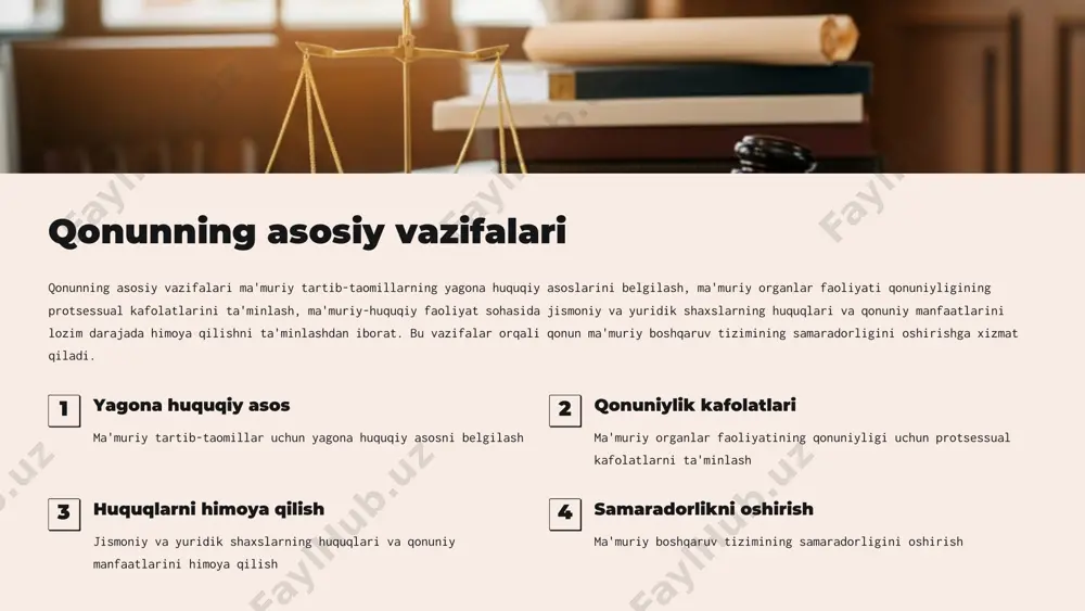 atlar vakolatning maqsadiga mos kelishi kerak. vakolatlar chegarasi ma'muriy organ o'z vakolatlari doirasidan chiqmasligi lozim. tekshirish prinsipi 1 har tomonlama tekshirish ma'muriy organ barcha haqiqiy holatlarni har tomonlama tekshirishi shart. 2 to'liq va xolisona yondashuv tekshirish to'liq va xolisona bo'lishi kerak. 3 qo'shimcha dalillar zarurat bo'lganda, ma'muriy organ qo'shimcha dalillar yig'ishga haqli. manfaatdor shaxslar huquqlarini ta'minlash 1 huquqlarni himoya qilish ma'muriy tartib-taomillar manfaatdor shaxslar huquqlarini himoya qilishga qaratilgan. 2 adolatli munosabat barcha manfaatdor shaxslarga adolatli munosabatda bo'lish ta'minlanadi. 3 huquqiy kafolatlar qonunchilik manfaatdor shaxslar huquqlarini kafolatlaydi. ma'muriy tartib-taomillarning samaradorligi tezkor ko'rib chiqish ma'muriy ishlar belgilangan muddatlarda ko'rib chiqilishi lozim. sifatli qarorlar qabul qilingan qarorlar asosli va sifatli bo'lishi kerak. resurslardan oqilona foydalanish ma'muriy organlar resurslardan samarali foydalanishlari lozim. shikoyat qilish huquqi shikoya t berish imkoniya ti manfaatdor shaxslar ma'muriy qarorlar ustidan shikoyat qilish huquqiga ega. shikoyatlarni ko'rib chiqish ma'muriy organlar shikoyatlarni o'z vaqtida va xolisona ko'rib chiqishlari shart. sudga murojaat …