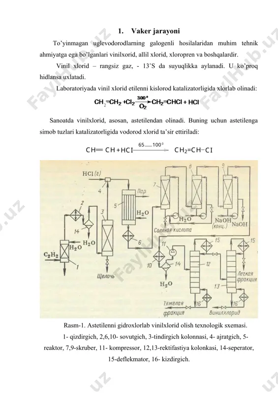 yatga ega bo’lganlari vinilxorid, allil xlorid, xloropren va boshqalardir. vinil xlorid – rangsiz gaz, - 13˚s da suyuqlikka aylanadi. u ko’proq hidlansa uxlatadi. laboratoriyada vinil xlorid etilenni kislorod katalizatorligida xlorlab olinadi: sanoatda vinilxlorid, asosan, astetilendan olinadi. buning uchun astetilenga simob tuzlari katalizatorligida vodorod xlorid ta’sir ettiriladi: rasm-1. astetilenni gidroxlorlab vinilxlorid olish texnologik sxemasi. 1- qizdirgich, 2,6,10- sovutgich, 3-tindirgich kolonnasi, 4- ajratgich, 5-reaktor, 7,9-skruber, 11- kompressor, 12,13-rektifastiya kolonkasi, 14-seperator, 15-deflekmator, 16- kizdirgich. undan tashqari, vinilxlorid sanoatda dixloretandan vodorod xloridni chiqarib yuborish yo’li bilan ham olinadi: vinilxlorid yorug`lik, issiqlik ta’sirida hamda katalizator va inistiatorlar ishtirokida polimerlanadi, natijada yuqori molekulyar birikma – polivinilxlorid hosil bo’ladi: polivinilxlorid turli xil plastmassa buyumlar tayyorlashda, jumladan elektr asboblari yasashda, elektr simlari va kabellarning ustini qoplashda ishlatiladi. polivinilxloriddan turli laklar va ximiyaviy tolalar ham olinadi. qurilishda ishlatiladigan linoleum ham polivinilxlorid asosida olinadi. bulardan tashqari, vinil xloridning ko’pchilik sopolimerlari ham sanoat ahamiyatiga ega. allil xlorid – rangsiz suyuqlik, 45˚da …